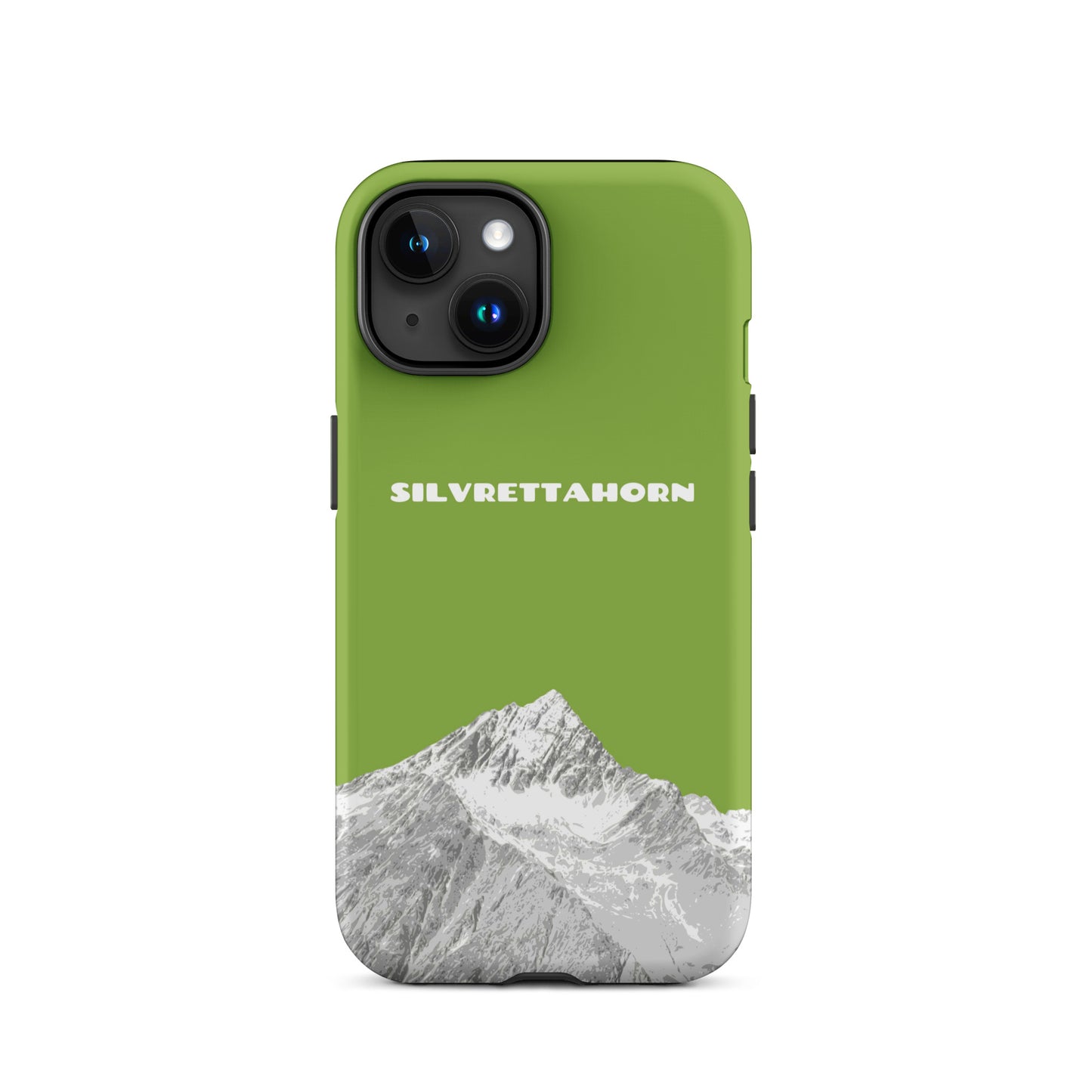 Hülle für das iPhone 15 von Apple in der Farbe Gelbgrün, dass das Silvrettahorn auf der Grenze Graubündens zu Vorarlberg zeigt.