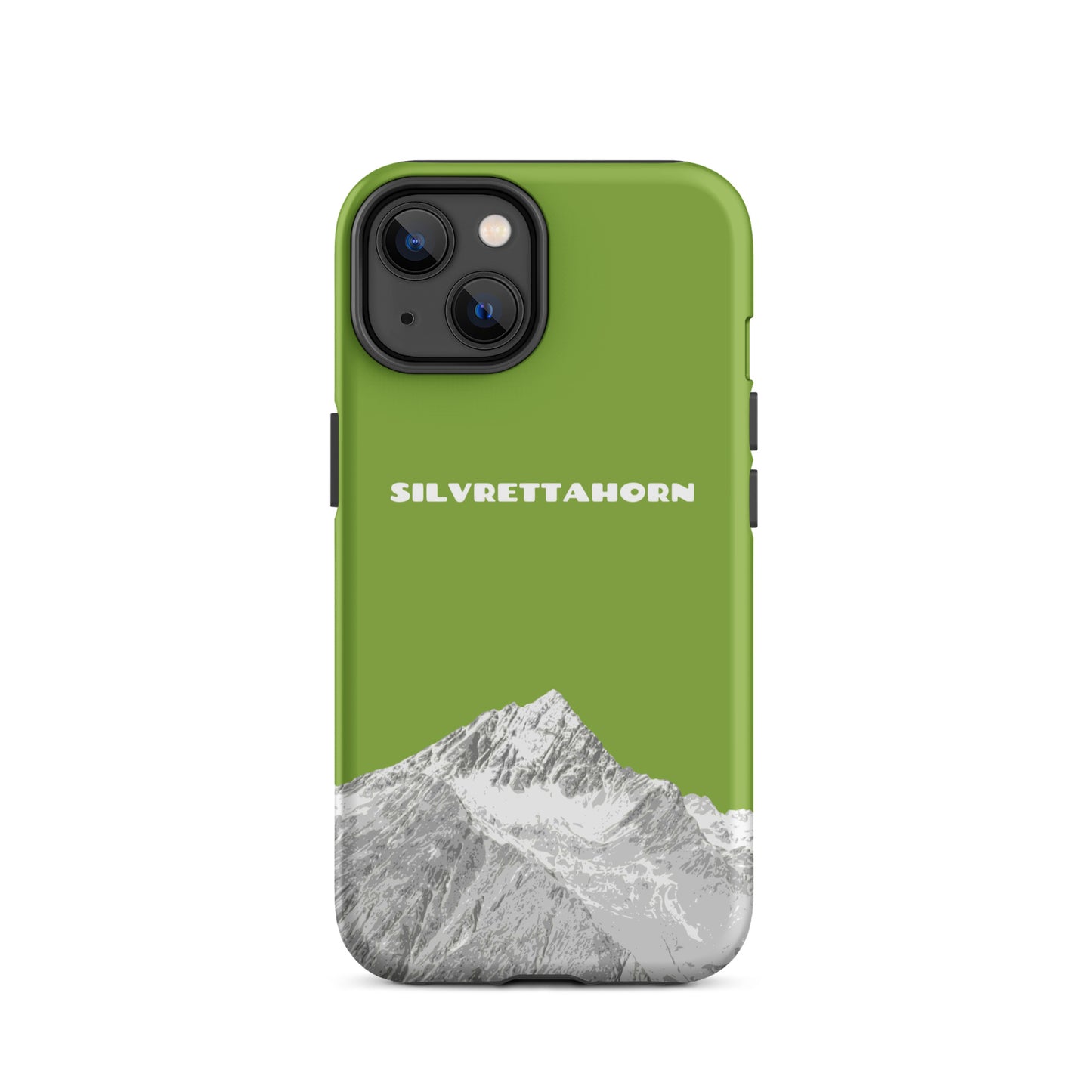 Hülle für das iPhone 14 von Apple in der Farbe Gelbgrün, dass das Silvrettahorn auf der Grenze Graubündens zu Vorarlberg zeigt.