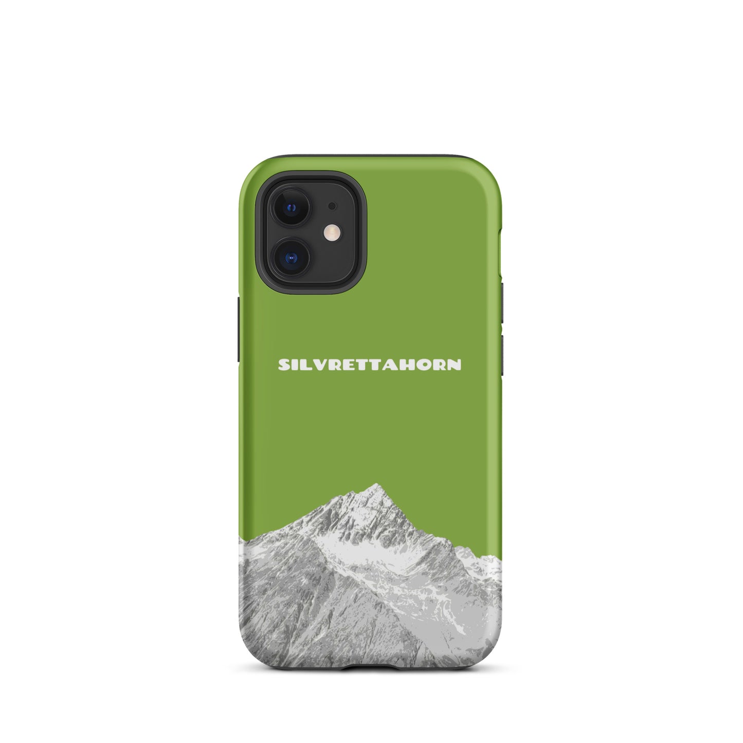 Hülle für das iPhone 12 mini von Apple in der Farbe Gelbgrün, dass das Silvrettahorn auf der Grenze Graubündens zu Vorarlberg zeigt.