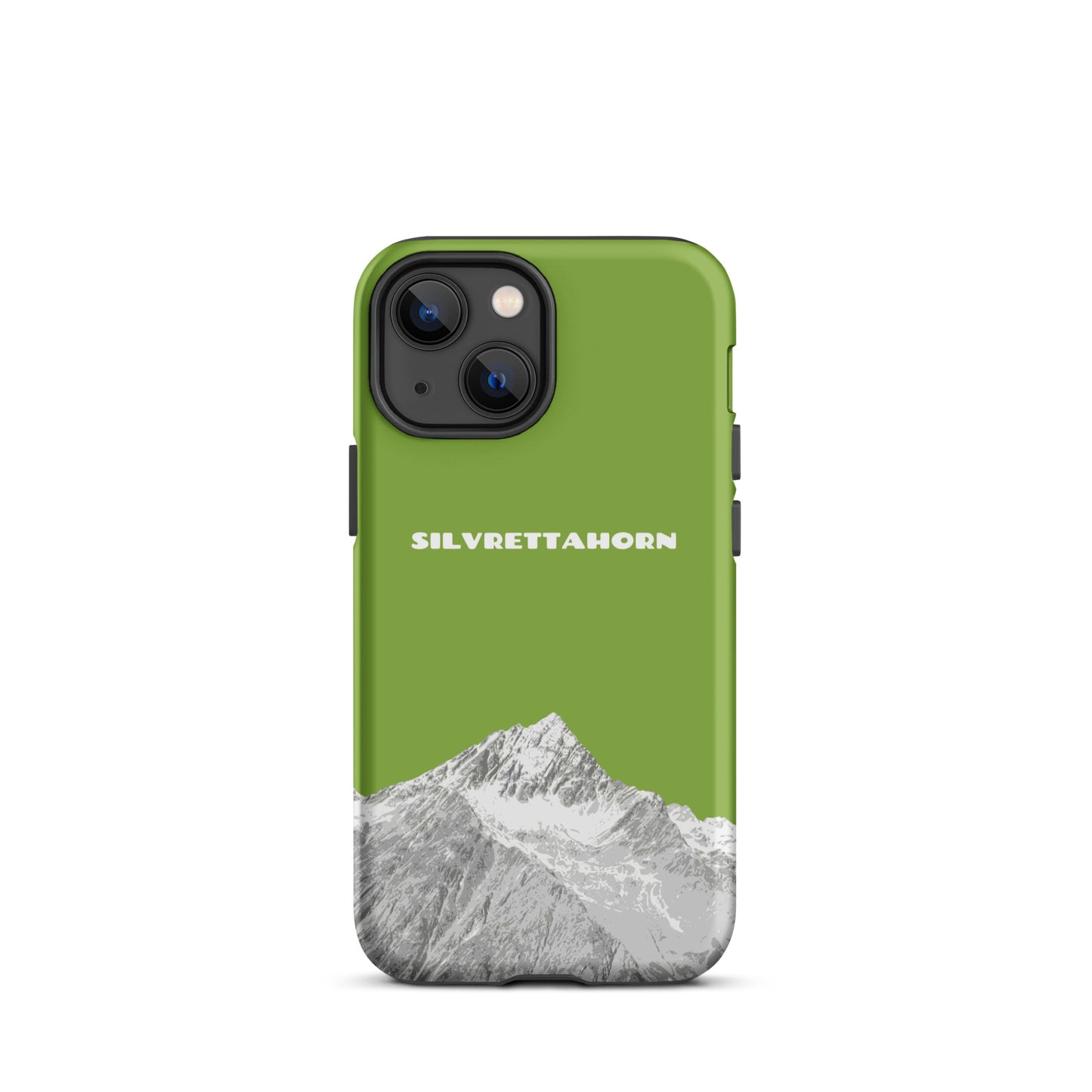 Hülle für das iPhone 13 mini von Apple in der Farbe Gelbgrün, dass das Silvrettahorn auf der Grenze Graubündens zu Vorarlberg zeigt.