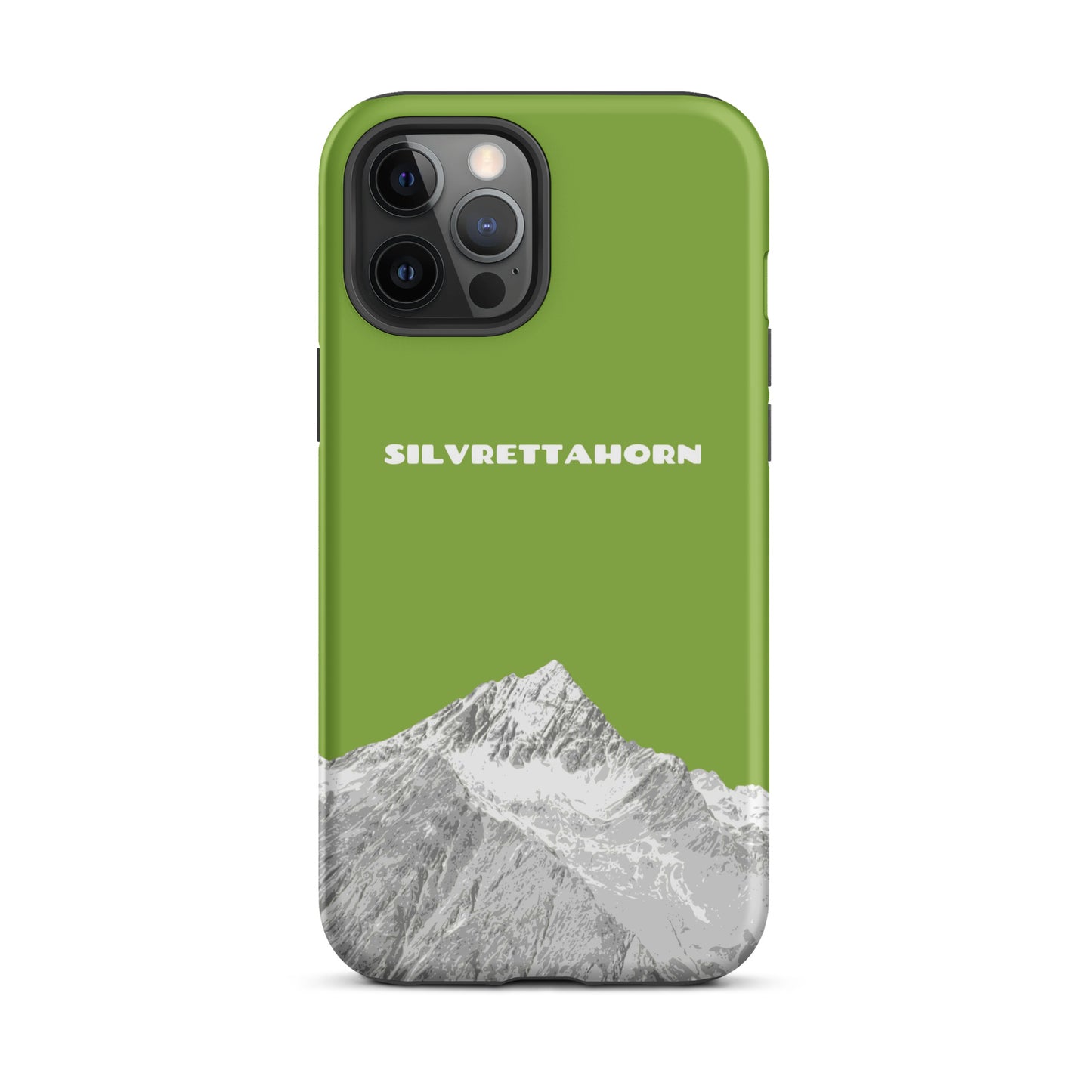 Hülle für das iPhone 12 Pro Max von Apple in der Farbe Gelbgrün, dass das Silvrettahorn auf der Grenze Graubündens zu Vorarlberg zeigt.