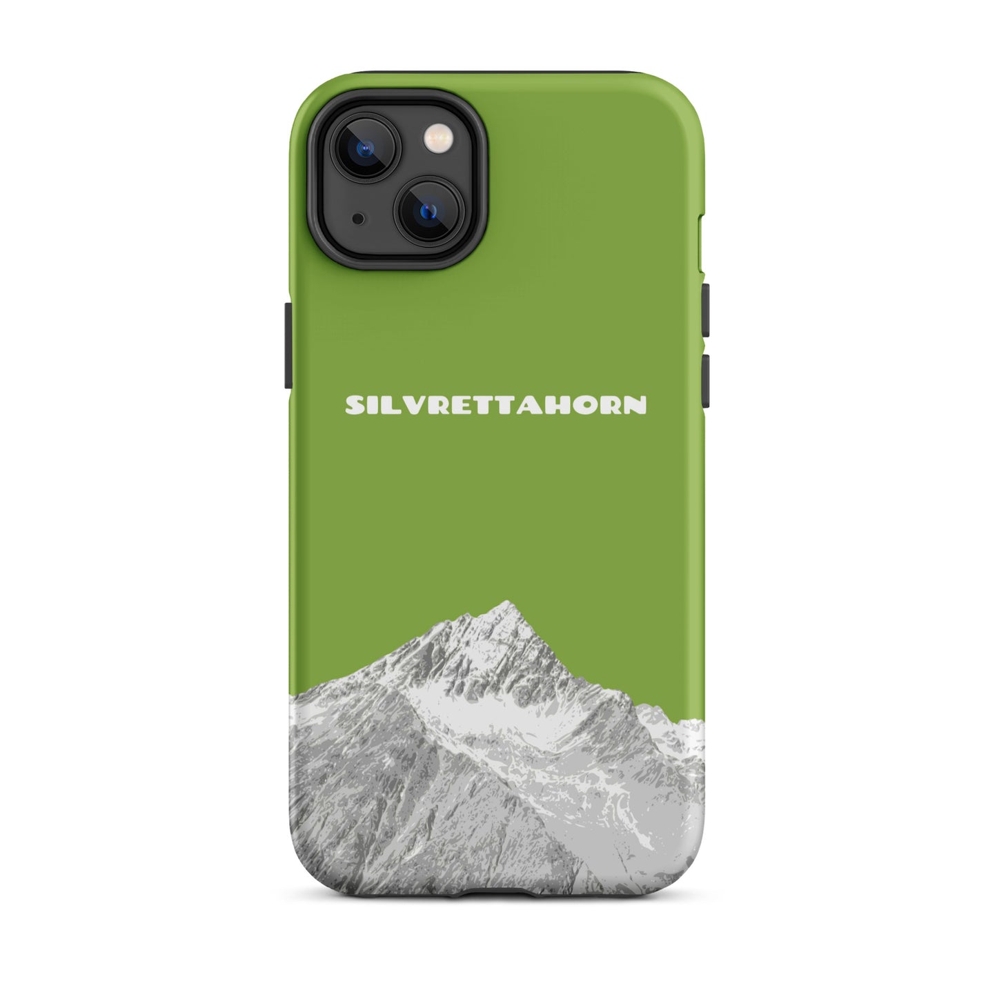 Hülle für das iPhone 14 Plus von Apple in der Farbe Gelbgrün, dass das Silvrettahorn auf der Grenze Graubündens zu Vorarlberg zeigt.