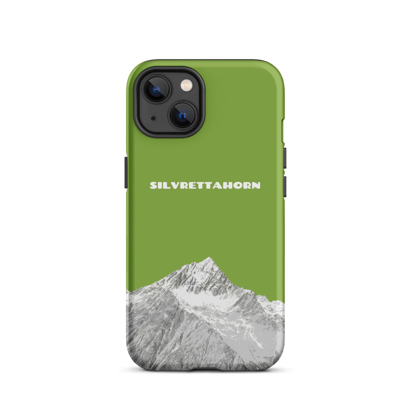 Hülle für das iPhone 13 von Apple in der Farbe Gelbgrün, dass das Silvrettahorn auf der Grenze Graubündens zu Vorarlberg zeigt.
