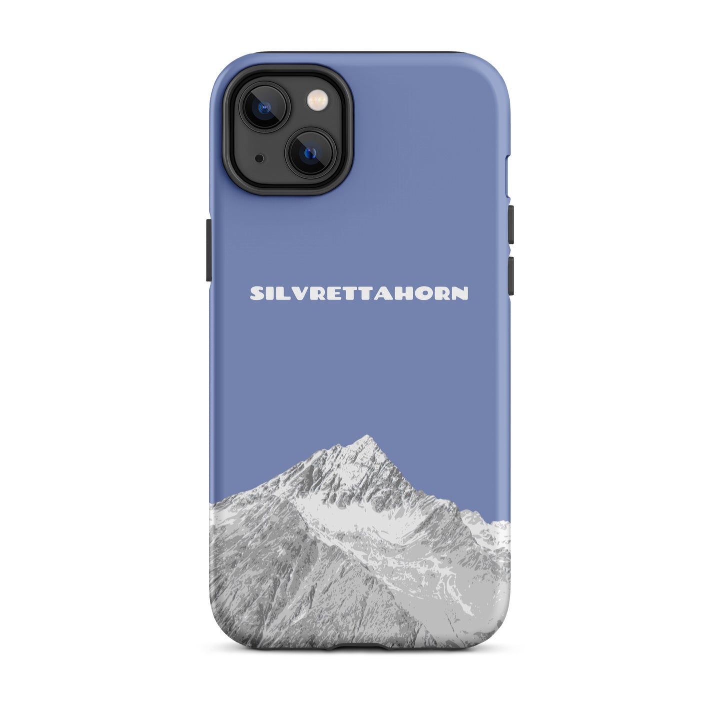 Hülle für das iPhone 14 Plus von Apple in der Farbe Pastellblau, dass das Silvrettahorn auf der Grenze Graubündens zu Vorarlberg zeigt.