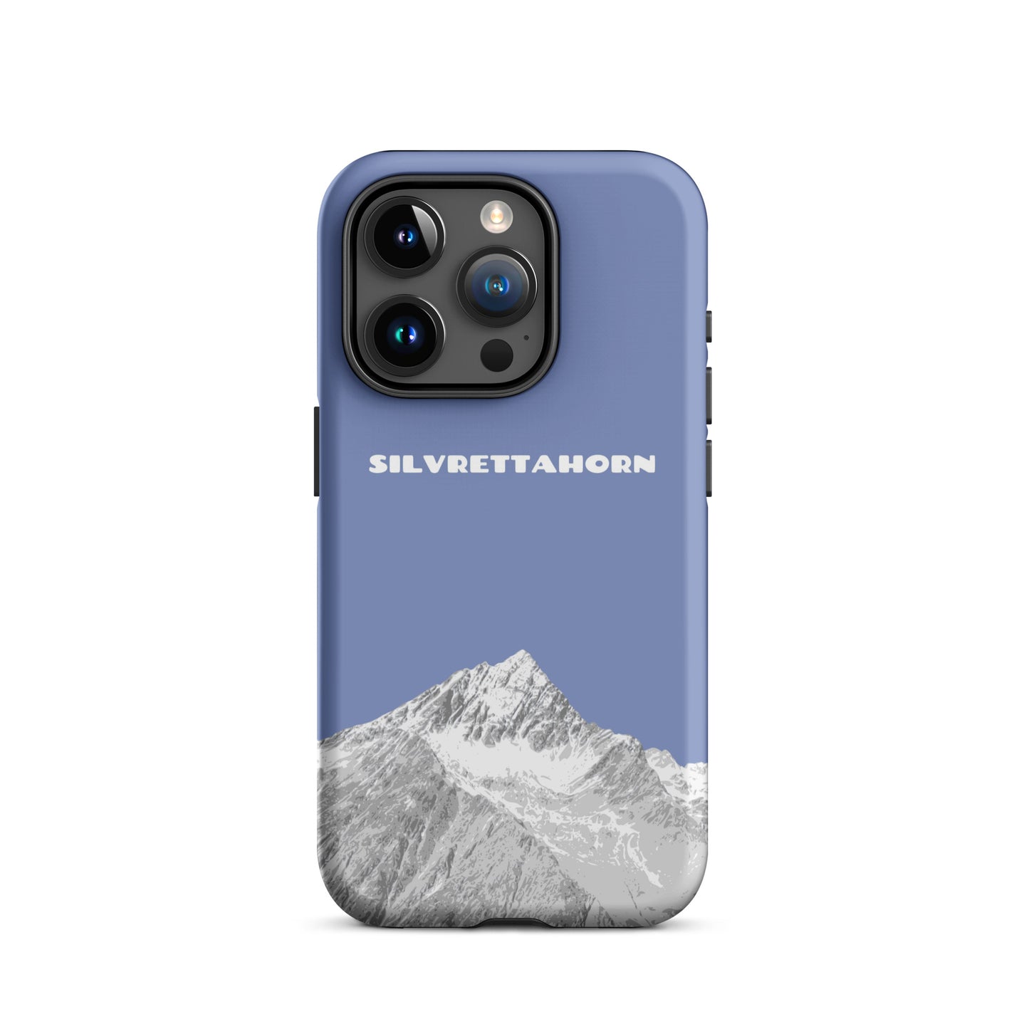 Hülle für das iPhone 15 Pro von Apple in der Farbe Pastellblau, dass das Silvrettahorn auf der Grenze Graubündens zu Vorarlberg zeigt.