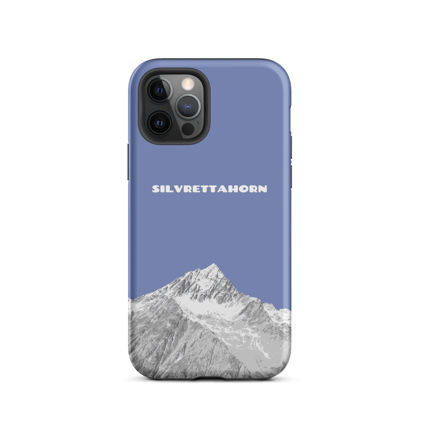 Hülle für das iPhone 12 Pro von Apple in der Farbe Pastellblau, dass das Silvrettahorn auf der Grenze Graubündens zu Vorarlberg zeigt.