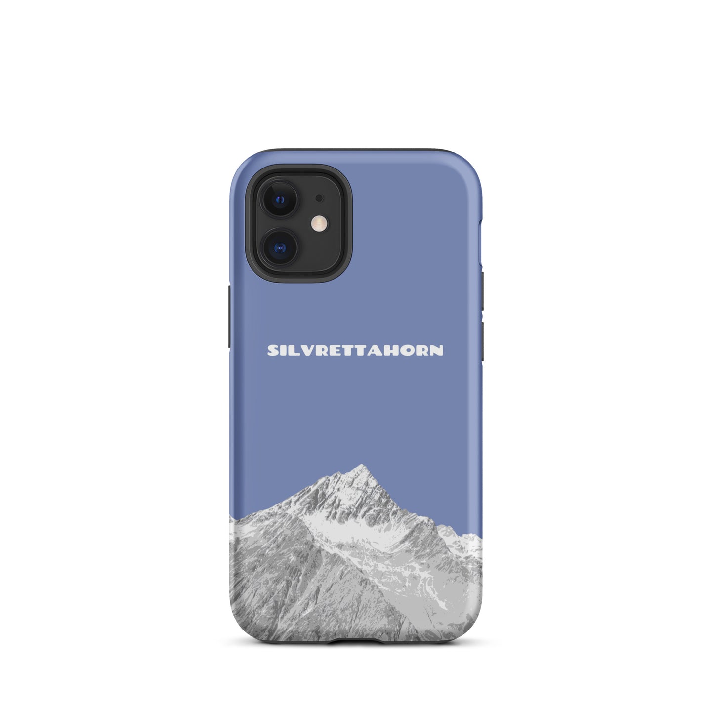 Hülle für das iPhone 12 mini von Apple in der Farbe Pastellblau, dass das Silvrettahorn auf der Grenze Graubündens zu Vorarlberg zeigt.