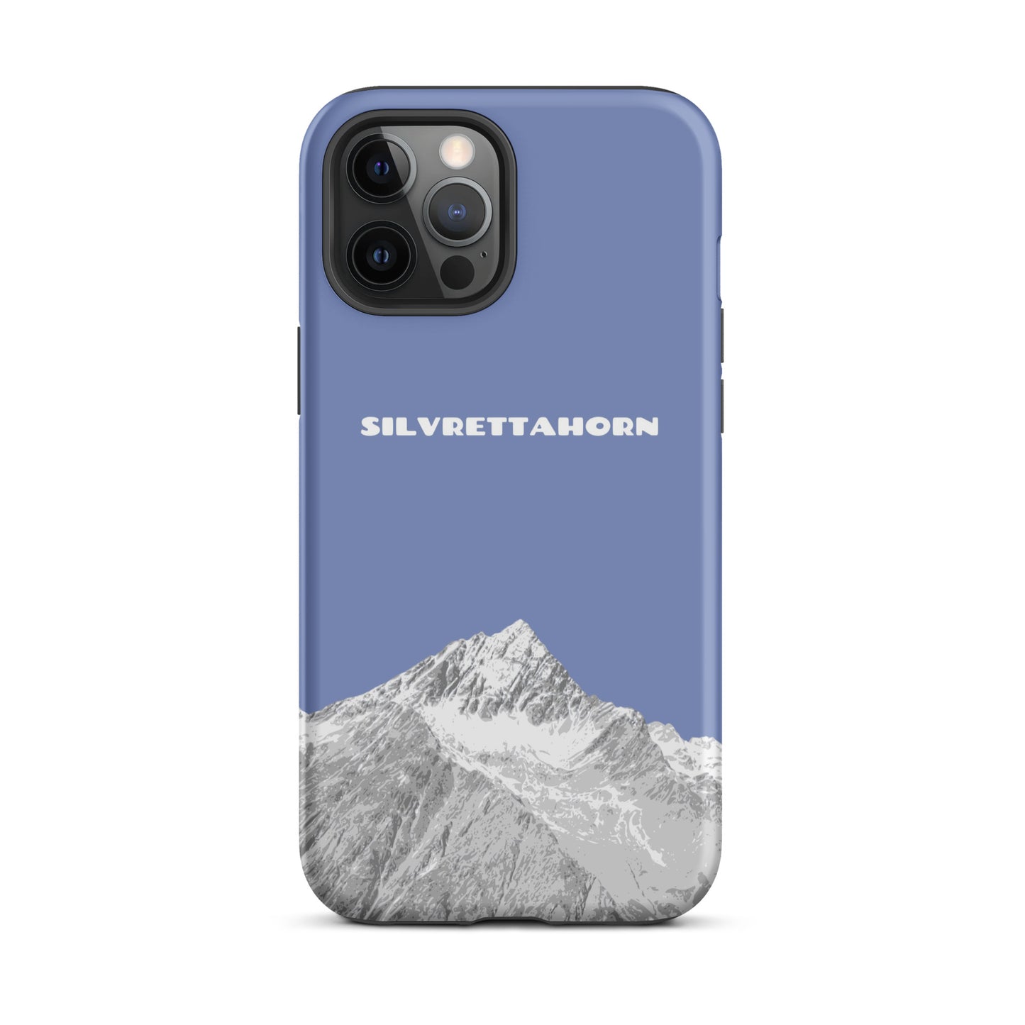 Hülle für das iPhone 12 Pro Max von Apple in der Farbe Pastellblau, dass das Silvrettahorn auf der Grenze Graubündens zu Vorarlberg zeigt.