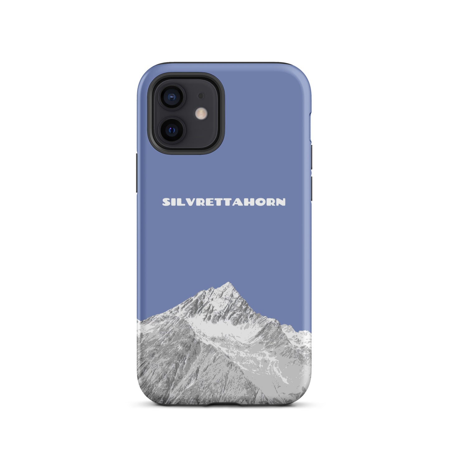 Hülle für das iPhone 12 von Apple in der Farbe Pastellblau, dass das Silvrettahorn auf der Grenze Graubündens zu Vorarlberg zeigt.