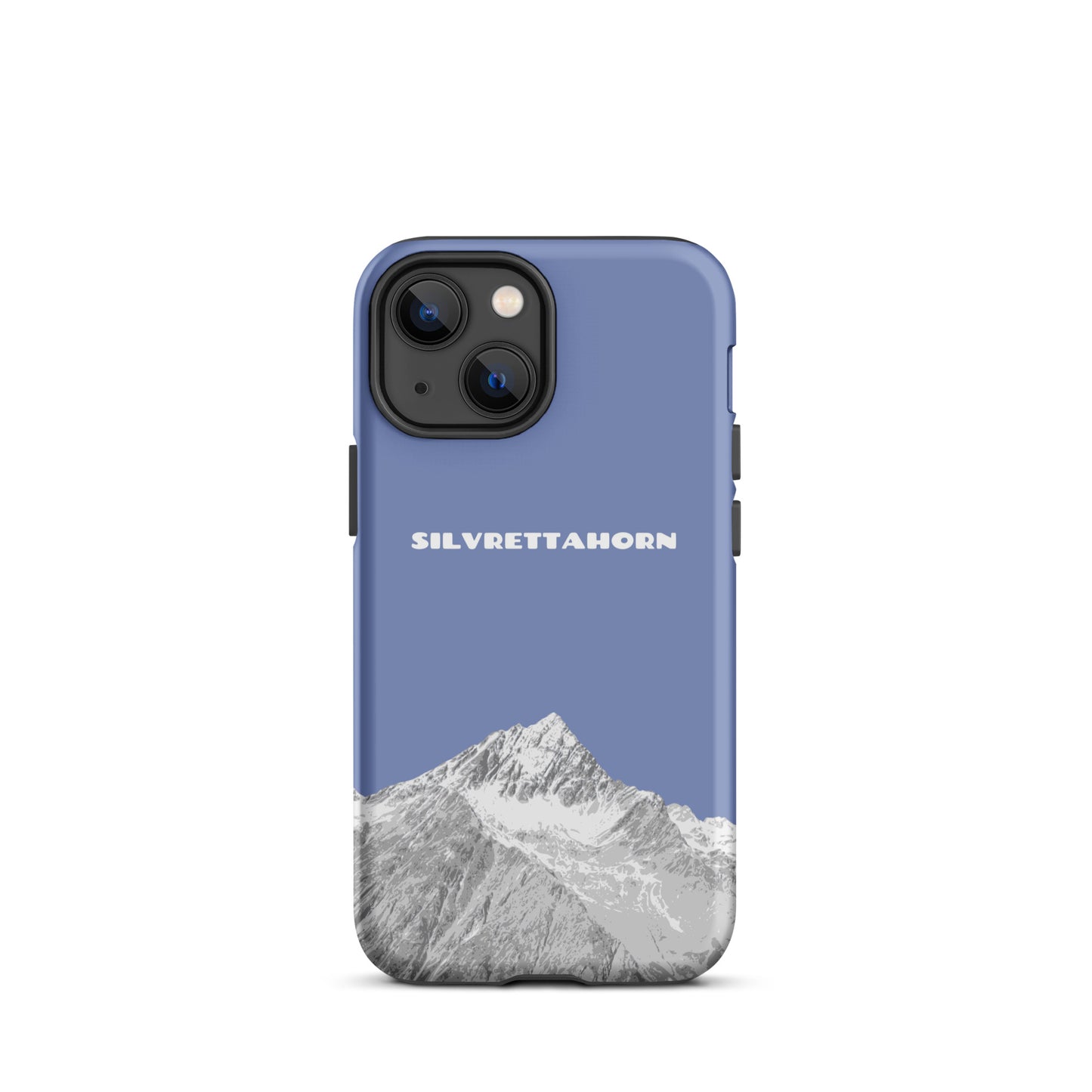 Hülle für das iPhone 13 mini von Apple in der Farbe Pastellblau, dass das Silvrettahorn auf der Grenze Graubündens zu Vorarlberg zeigt.