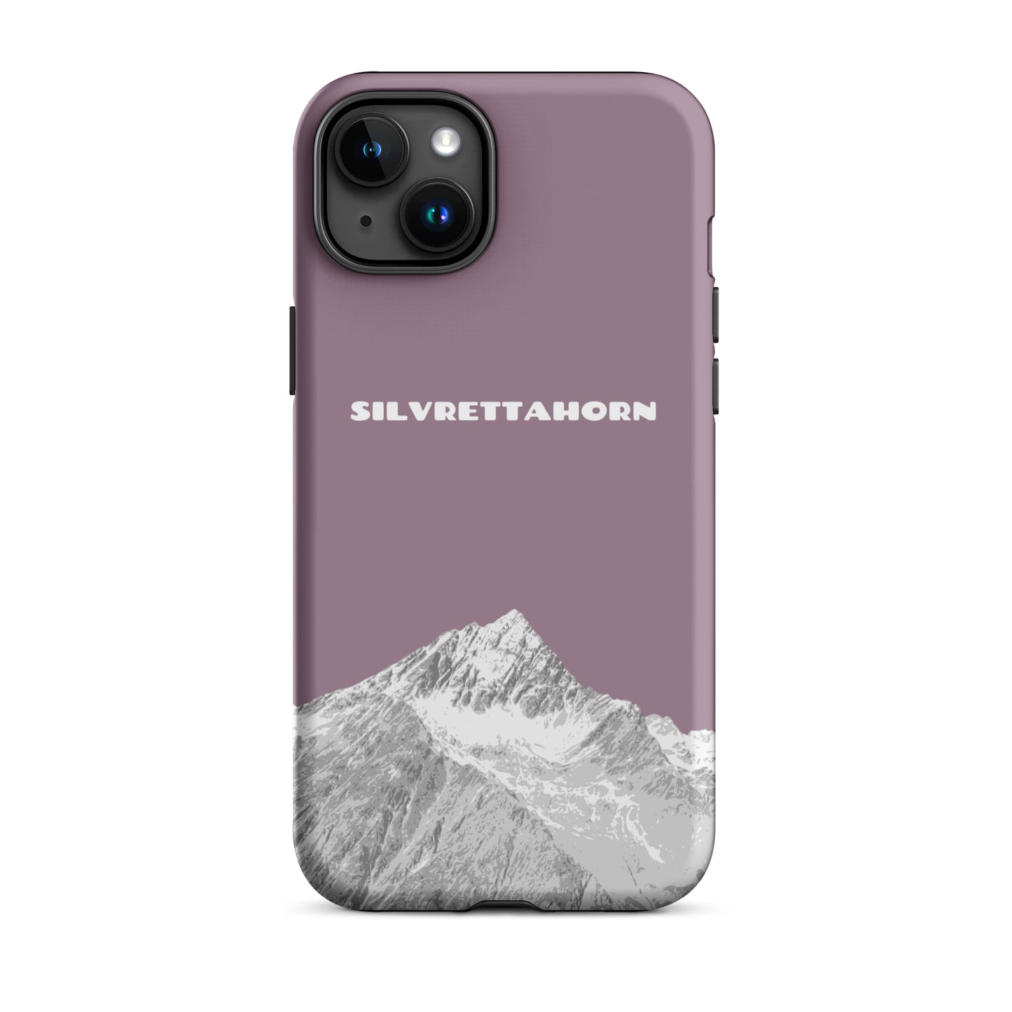 iPhone 15 Plus Hülle in Pastellviolett mit Silvrettahorn-Motiv, Grenzberg zwischen Graubünden und Vorarlberg.