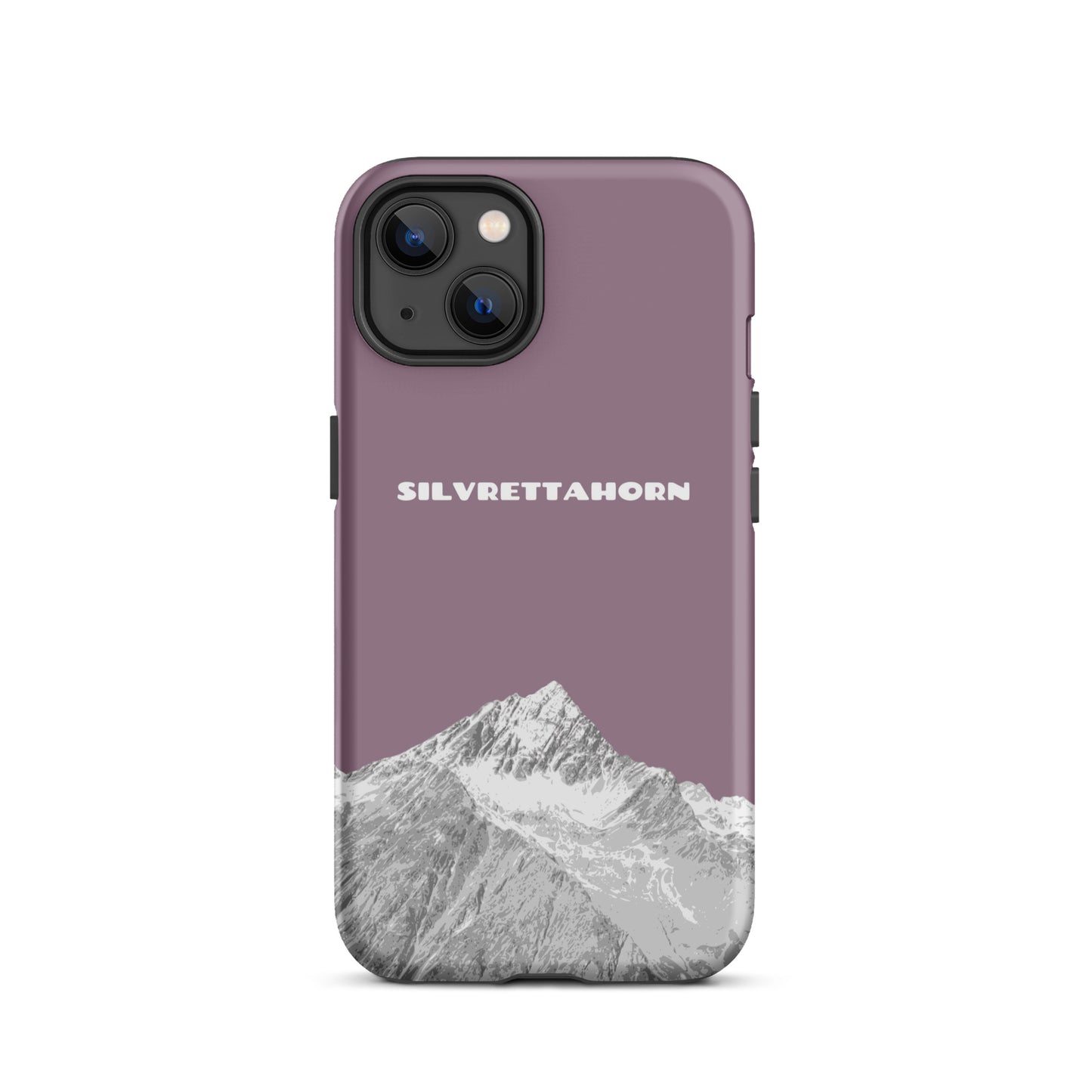 Handyhülle für iPhone 13 in Pastellviolett mit Silvrettahorn-Motiv, Schutzhülle aus robustem Material.