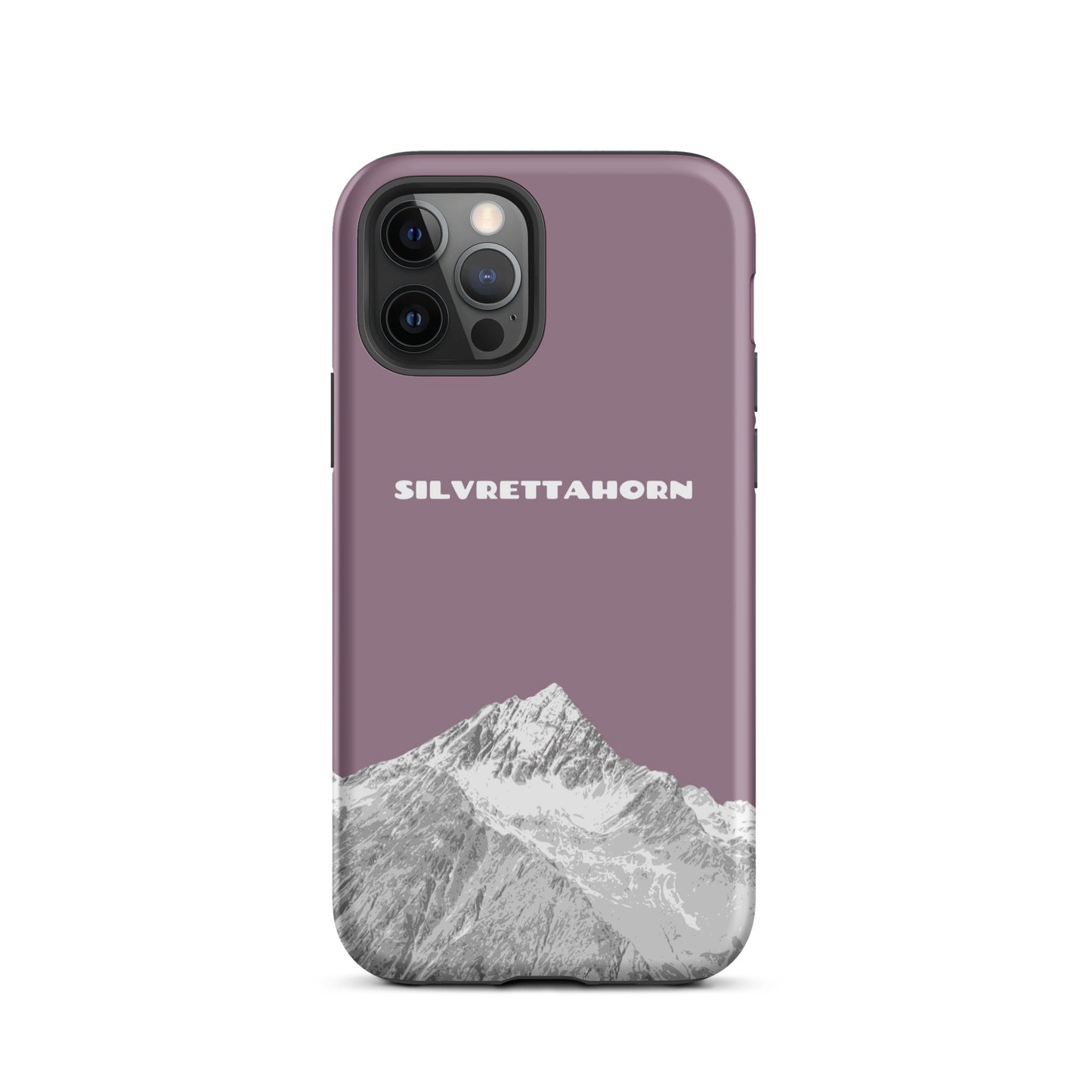 iPhone 12 Pro Hülle in Pastellviolett mit Silvrettahorn-Motiv, Grenzberg zwischen Graubünden und Vorarlberg.