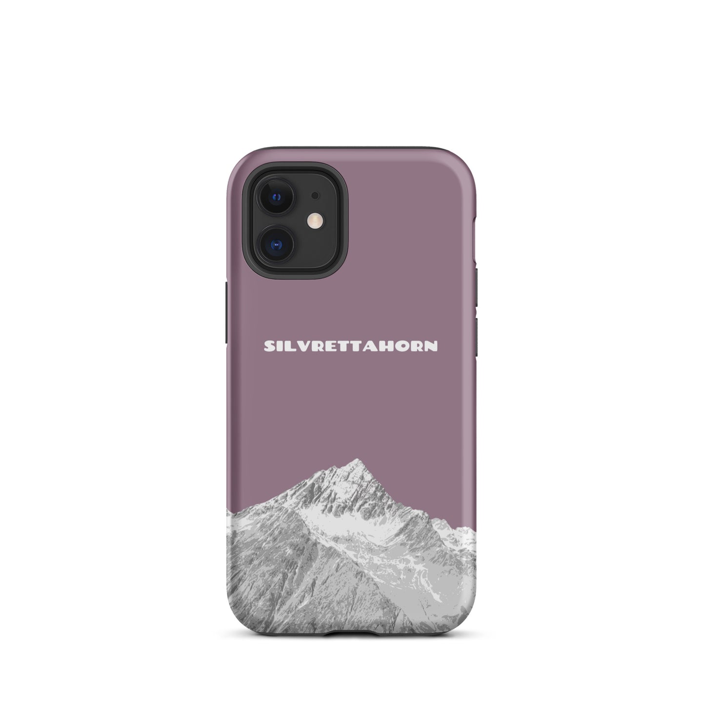 Handyhülle für iPhone 12 mini in Pastellviolett mit Silvrettahorn-Motiv aus der Schweiz.