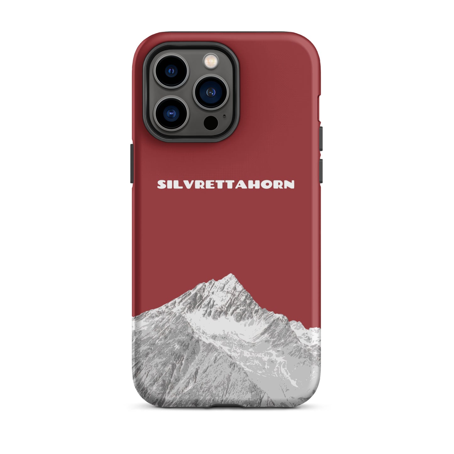 Hülle für das iPhone 14 Pro Max von Apple in der Farbe Rot, dass das Silvrettahorn auf der Grenze Graubündens zu Vorarlberg zeigt.