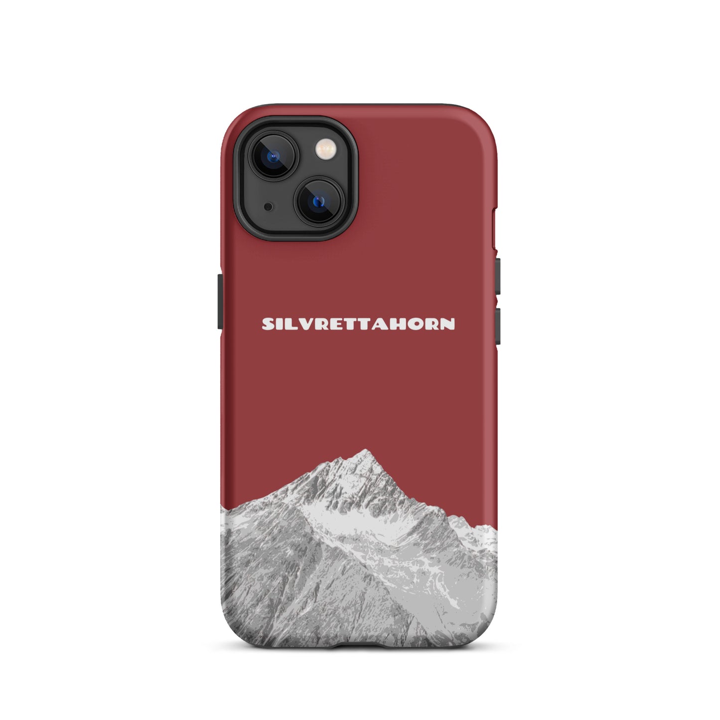 Hülle für das iPhone 13 von Apple in der Farbe Rot, dass das Silvrettahorn auf der Grenze Graubündens zu Vorarlberg zeigt.