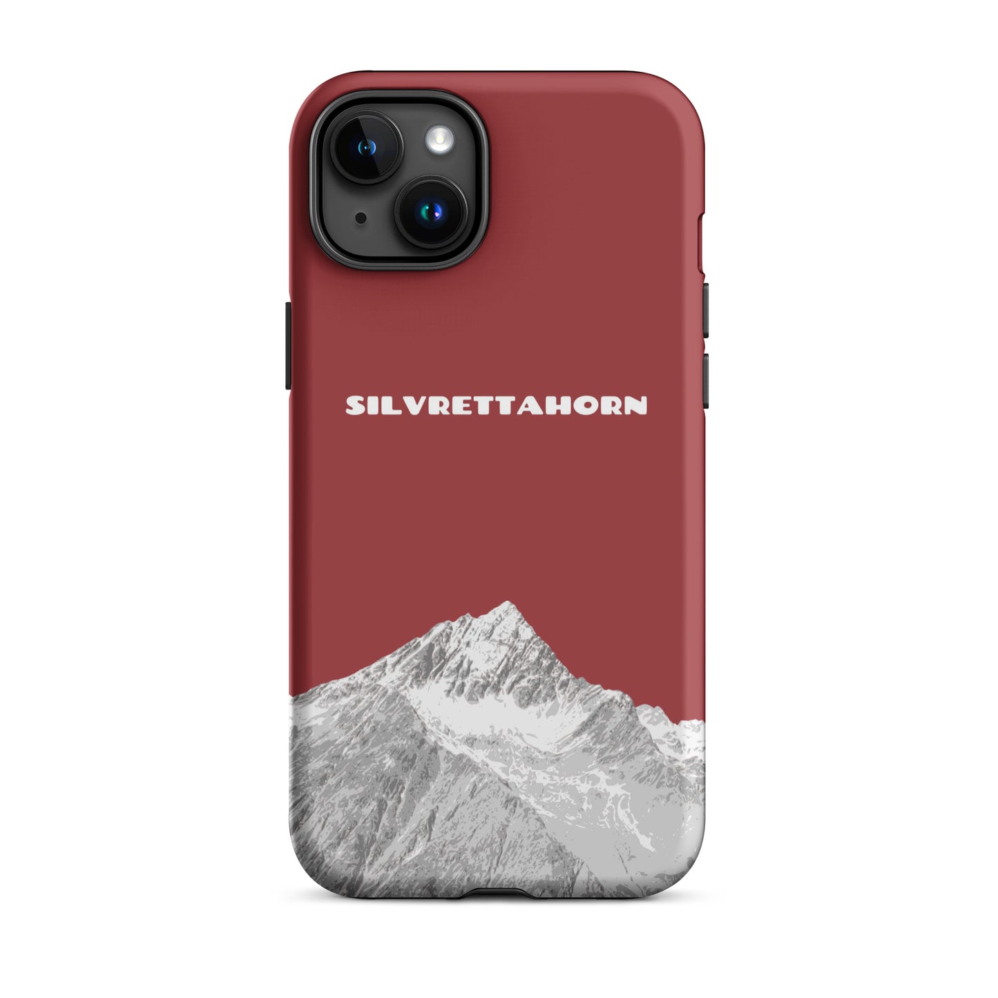 Hülle für das iPhone 15 Plus von Apple in der Farbe Rot, dass das Silvrettahorn auf der Grenze Graubündens zu Vorarlberg zeigt.