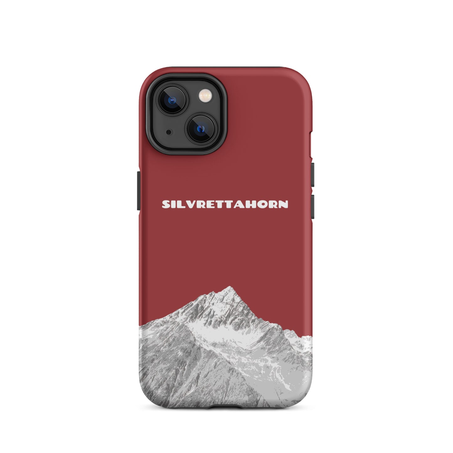 Hülle für das iPhone 14 von Apple in der Farbe Rot, dass das Silvrettahorn auf der Grenze Graubündens zu Vorarlberg zeigt.