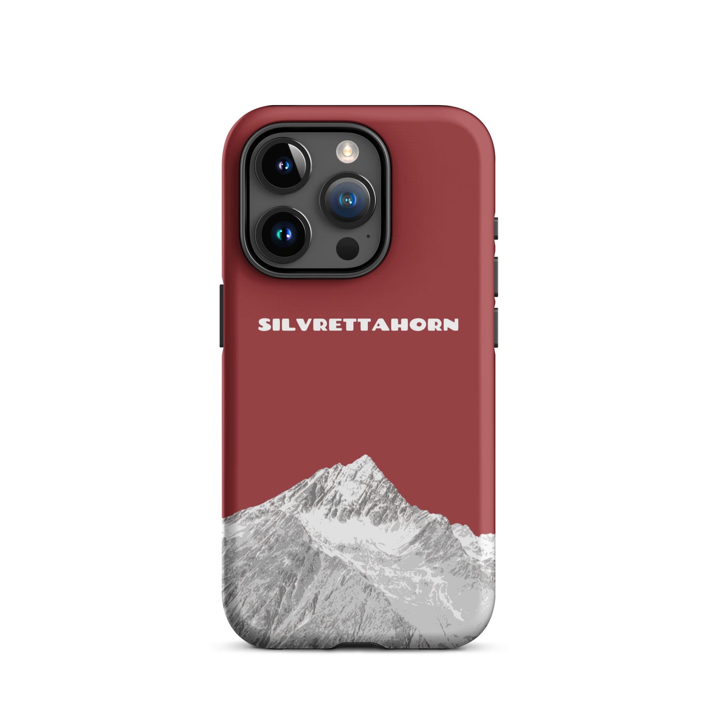 Hülle für das iPhone 15 Pro von Apple in der Farbe Rot, dass das Silvrettahorn auf der Grenze Graubündens zu Vorarlberg zeigt.