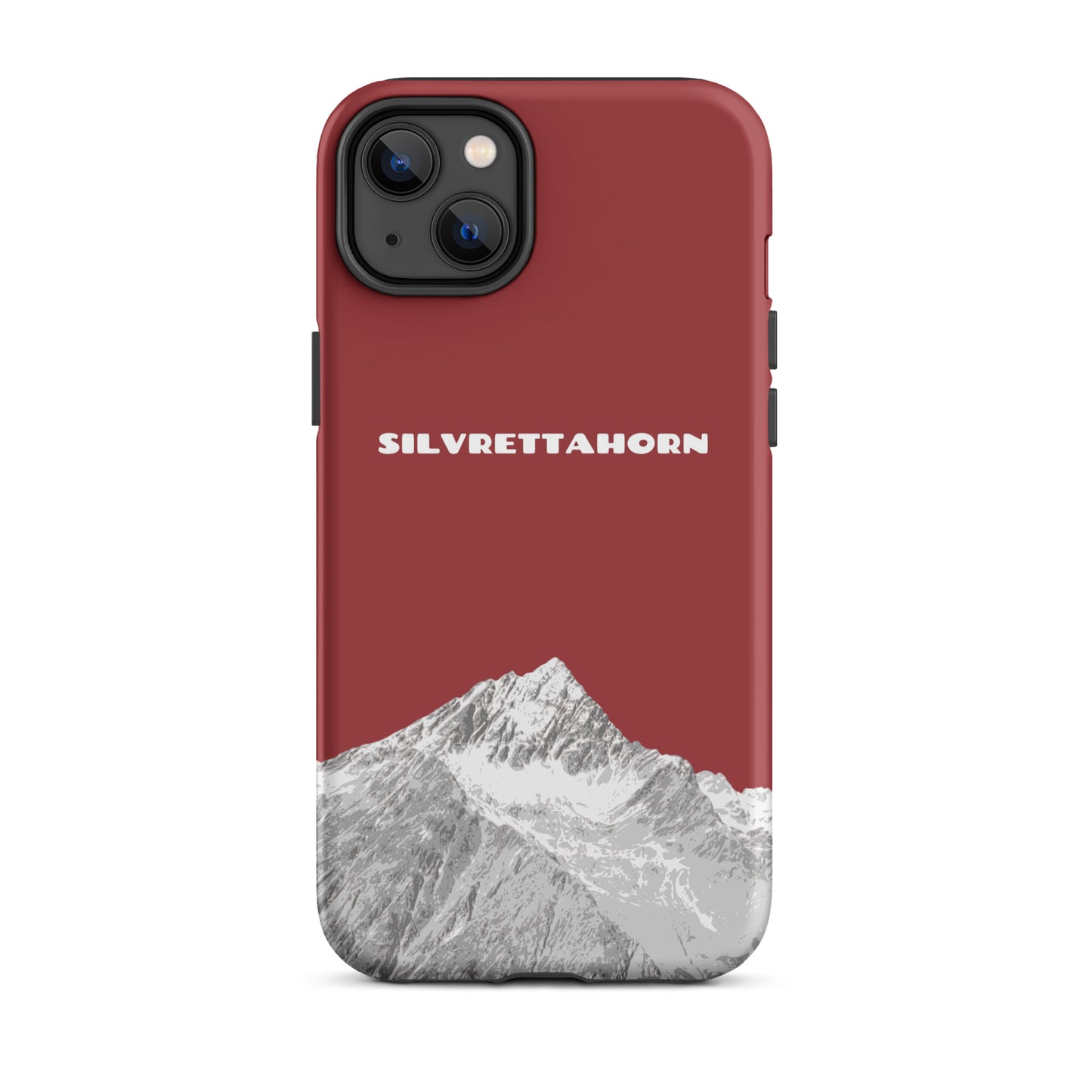 Hülle für das iPhone 14 Plus von Apple in der Farbe Rot, dass das Silvrettahorn auf der Grenze Graubündens zu Vorarlberg zeigt.