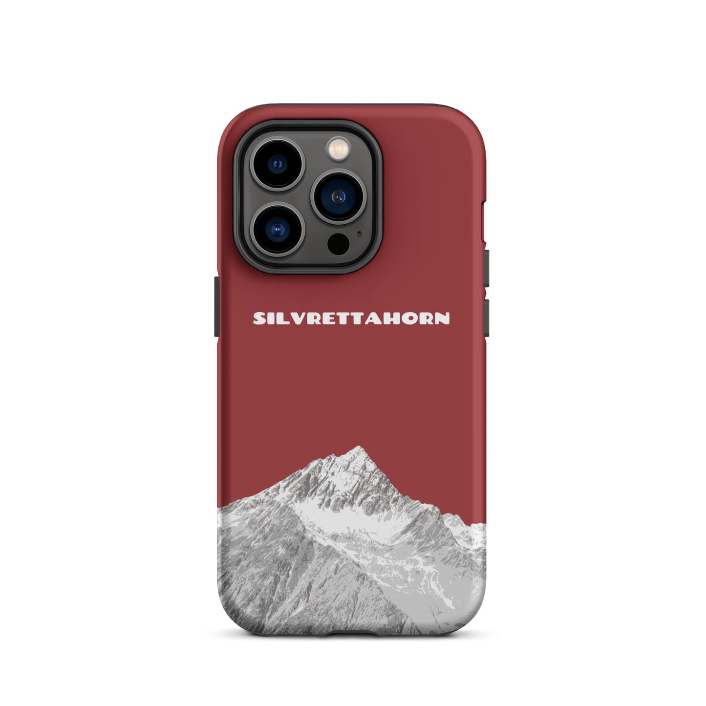Hülle für das iPhone 14 Pro von Apple in der Farbe Rot, dass das Silvrettahorn auf der Grenze Graubündens zu Vorarlberg zeigt.