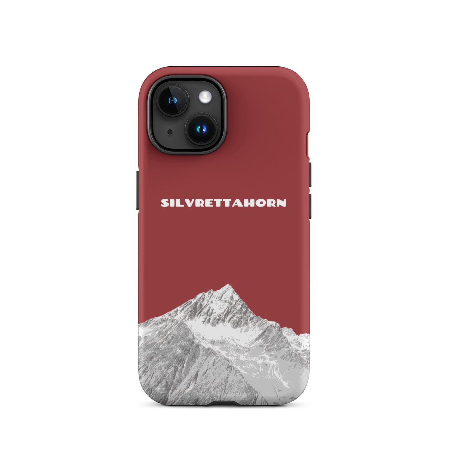 Hülle für das iPhone 15 von Apple in der Farbe Rot, dass das Silvrettahorn auf der Grenze Graubündens zu Vorarlberg zeigt.