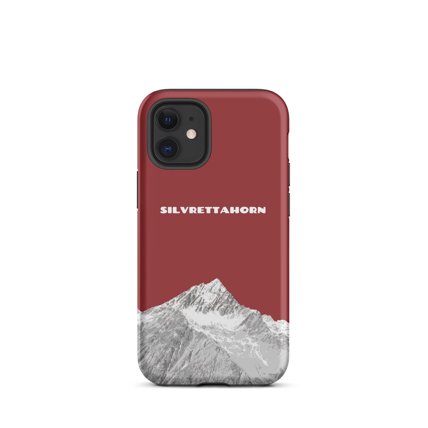 Hülle für das iPhone 12 mini von Apple in der Farbe Rot, dass das Silvrettahorn auf der Grenze Graubündens zu Vorarlberg zeigt.
