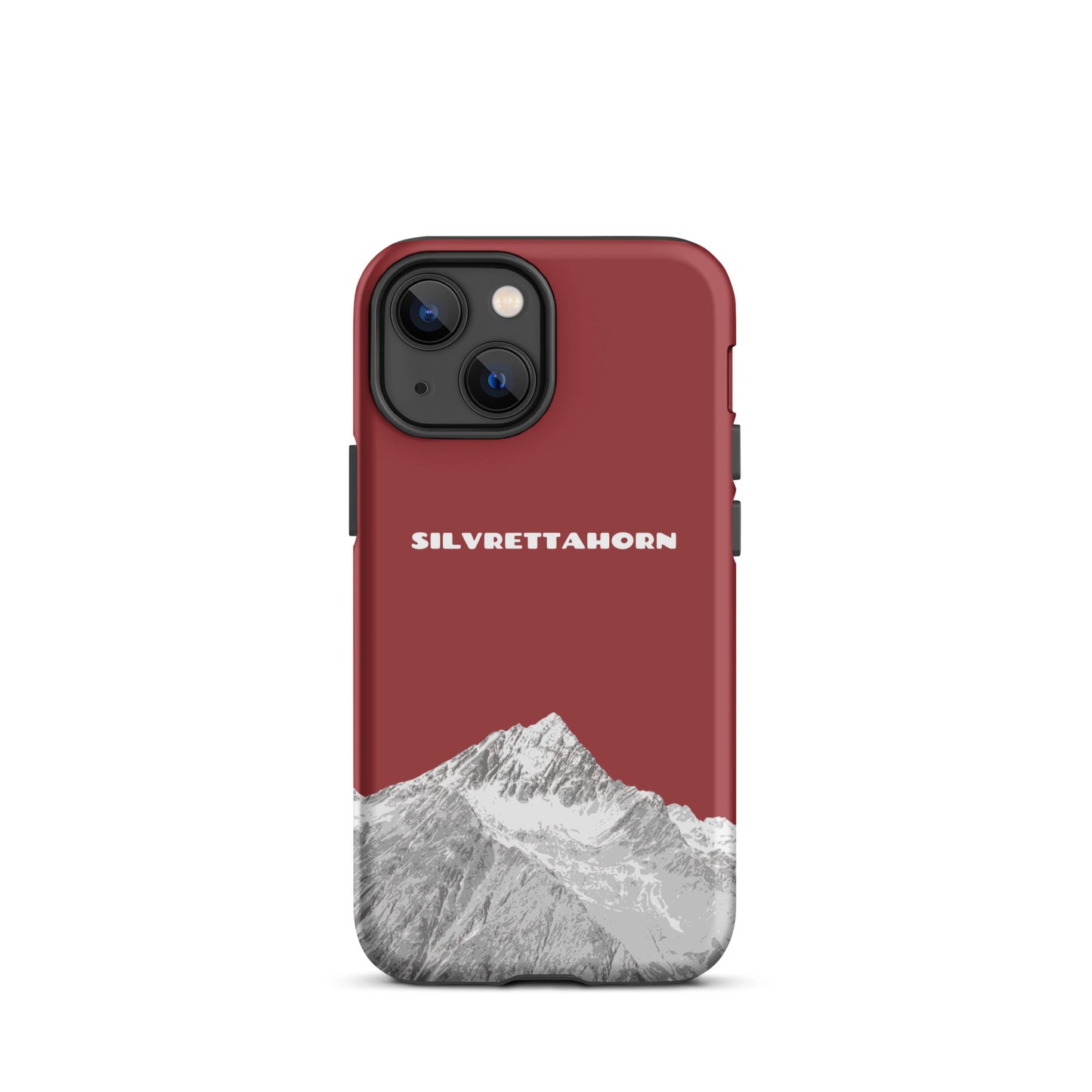 Hülle für das iPhone 13 mini von Apple in der Farbe Rot, dass das Silvrettahorn auf der Grenze Graubündens zu Vorarlberg zeigt.