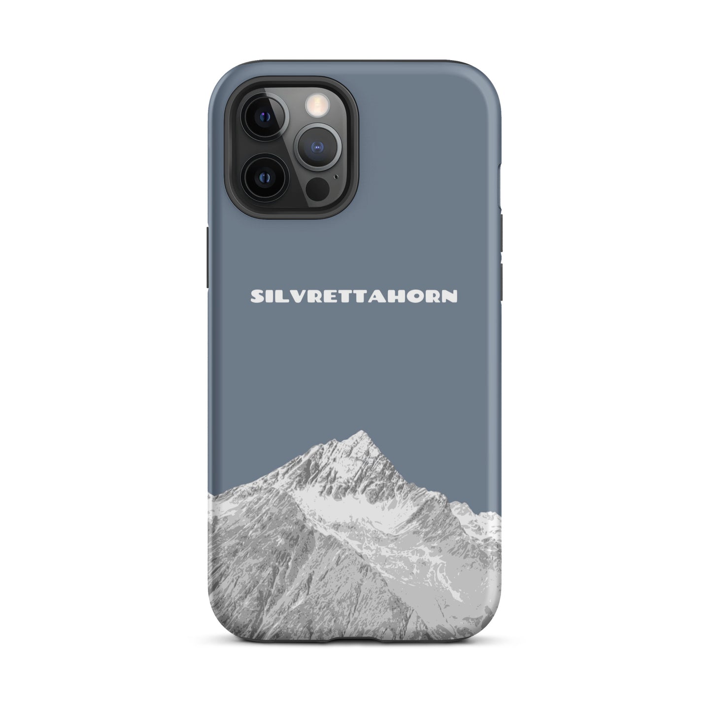 Schiefergraue iPhone 12 Pro Max Hülle mit Silvrettahorn-Motiv, Rückansicht.