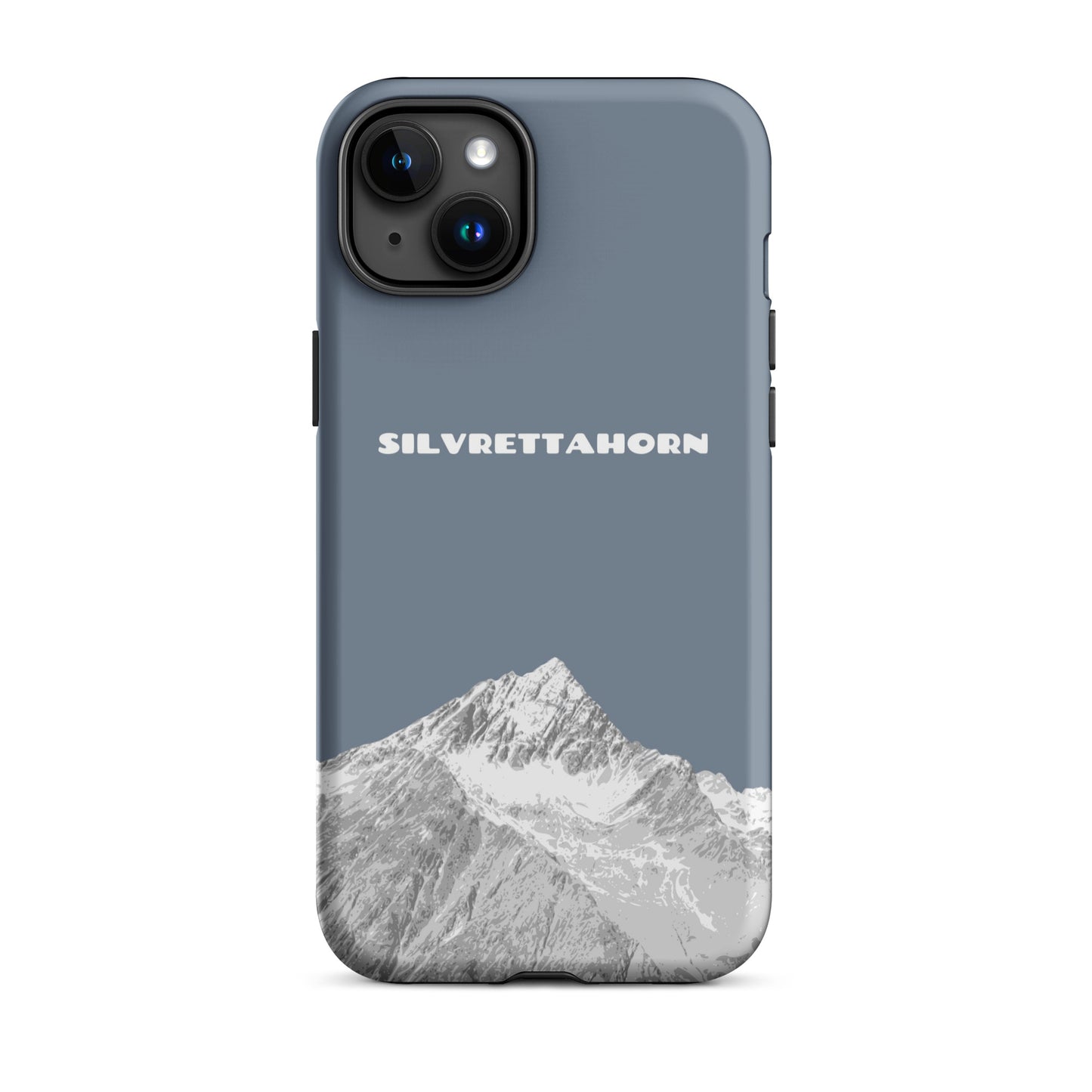 Schiefergraue iPhone 15 Plus Hülle mit Silvrettahorn-Motiv, schützende Handyhülle aus robustem Material.