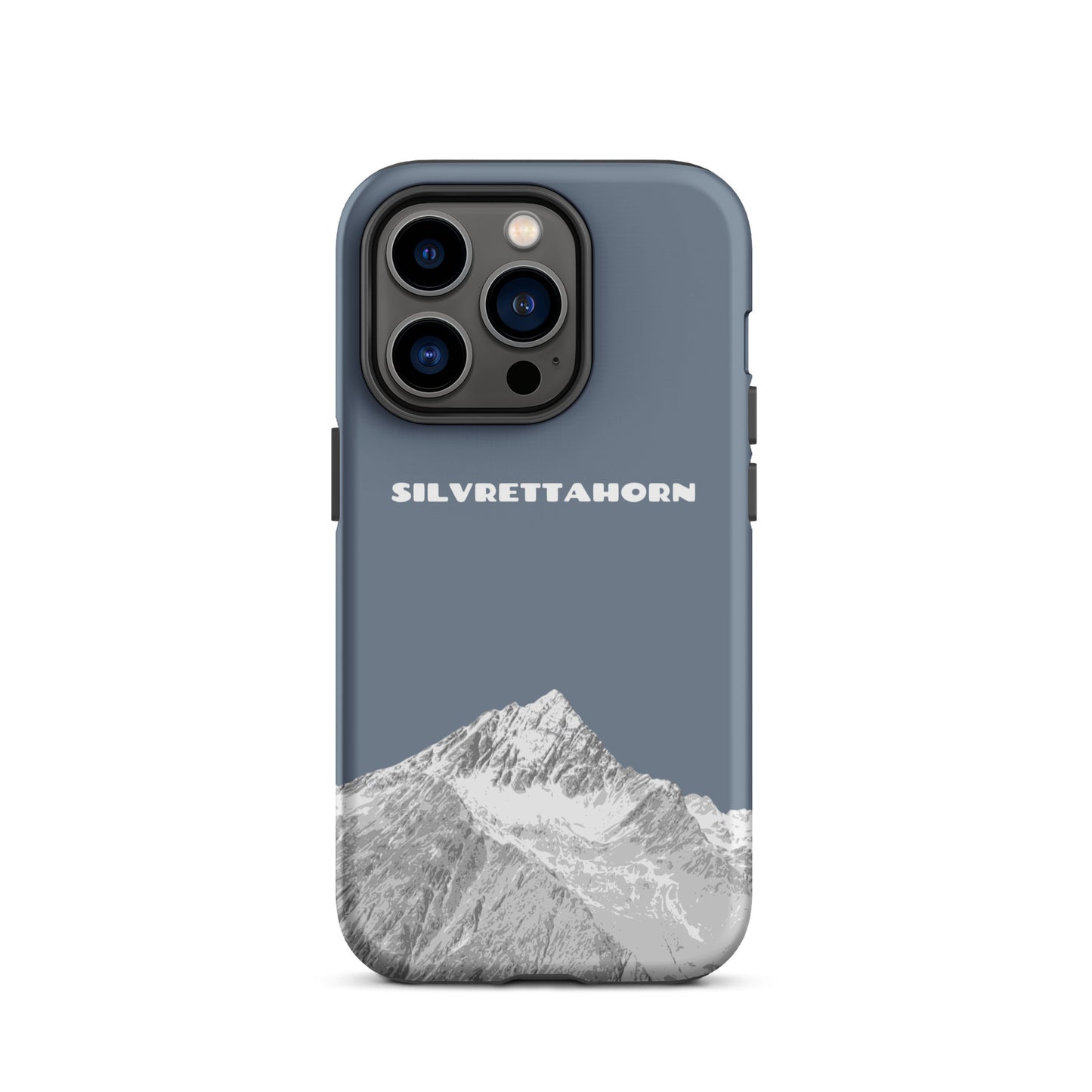 Schiefergraue iPhone 14 Pro Handyhülle mit Silvrettahorn-Motiv, Grenzgebiet Graubünden-Vorarlberg.