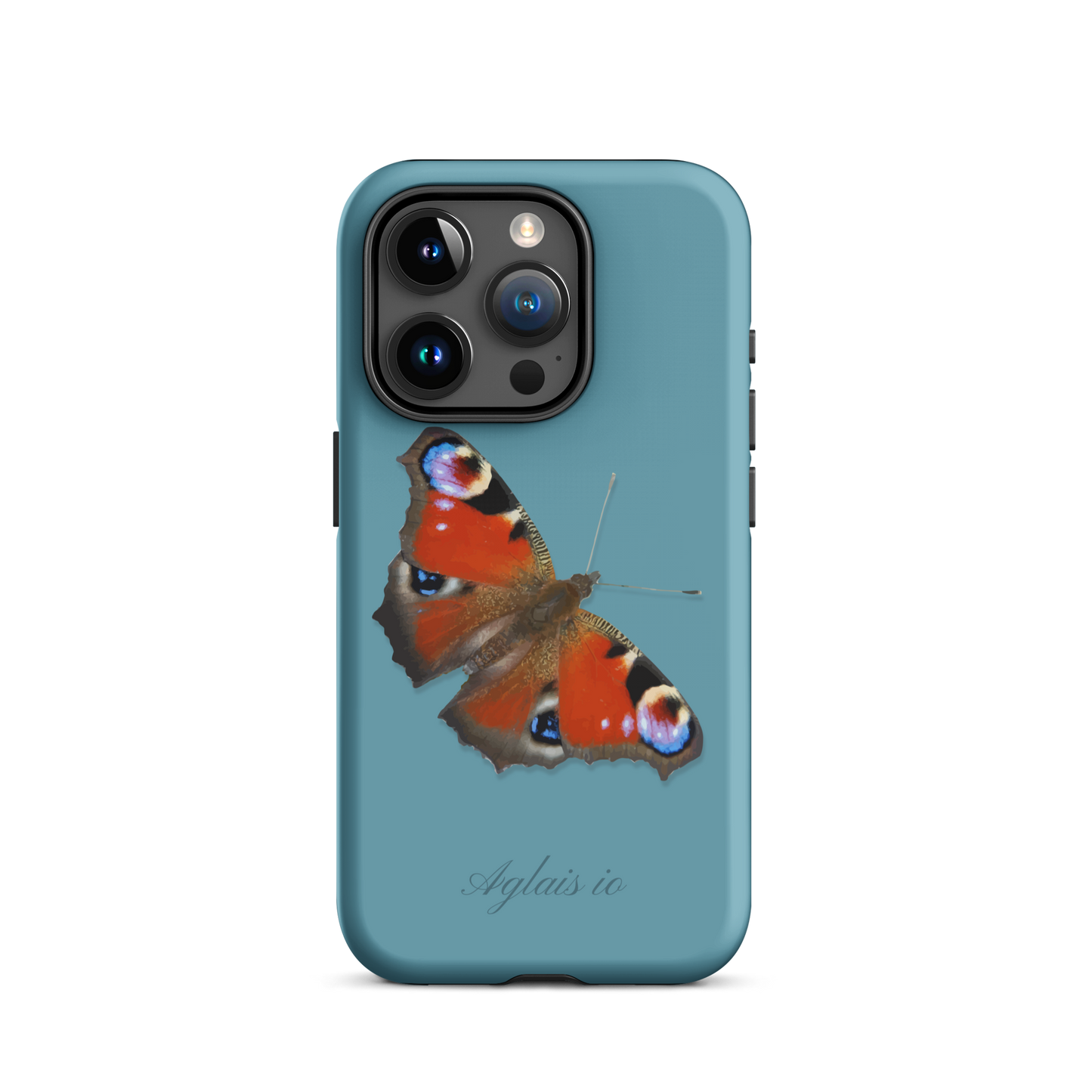 iPhone Case mit Tagpfauenauge-Muster in Gletscherwasserblau, schützende Handyhülle mit Naturdesign.