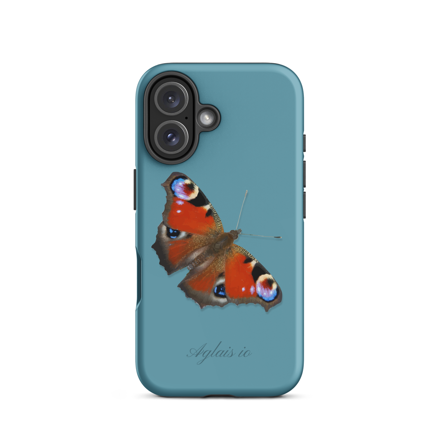 iPhone Case mit Tagpfauenauge-Motiv in Gletscherwasserblau, seitliche Ansicht