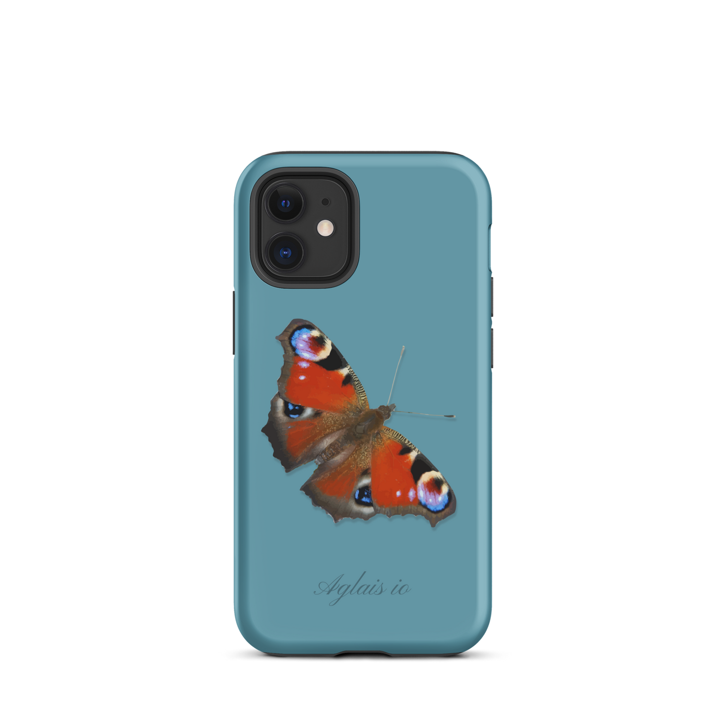 iPhone Hülle mit Tagpfauenauge-Muster in Gletscherwasserblau, schützende Handyhülle mit Naturmotiv.