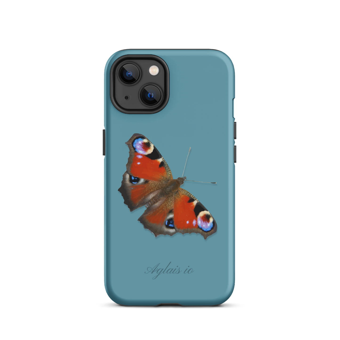 iPhone Case mit Tagpfauenauge-Muster in Gletscherwasserblau, Handymockup mit Naturmotiv.