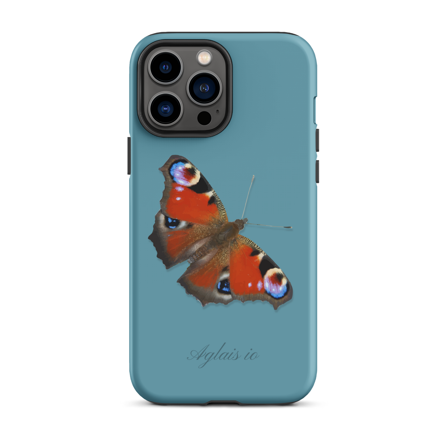 iPhone Hülle mit Tagpfauenauge-Muster in Gletscherwasserblau, transparent, Seitenansicht