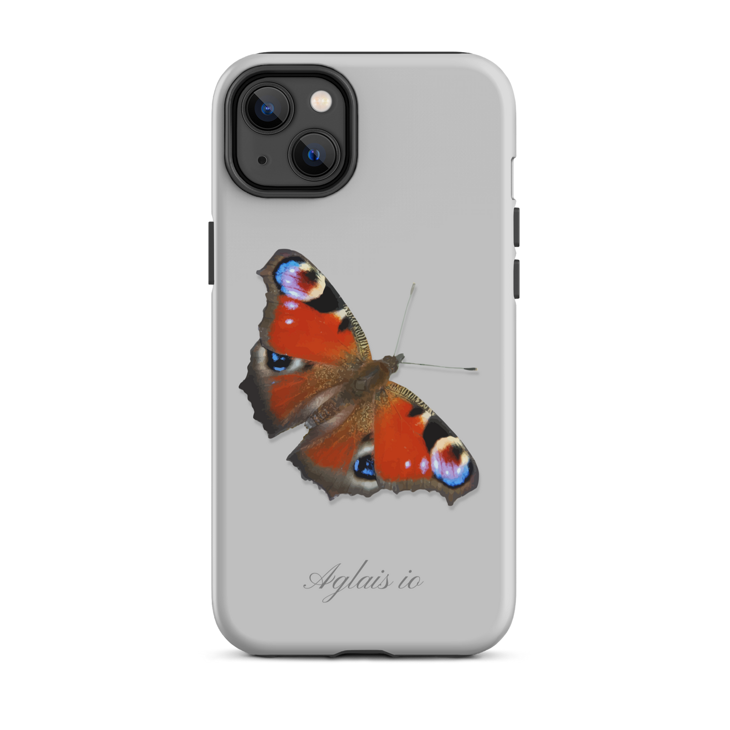 Graue iPhone Hülle mit Tagpfauenauge-Motiv aus Silikon