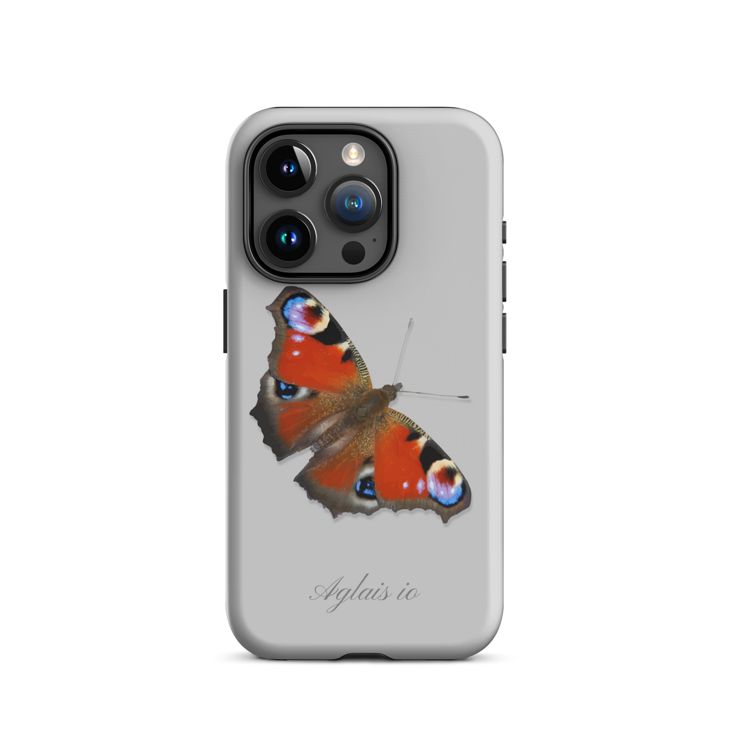 Graue iPhone Hülle mit Tagpfauenauge-Muster, schützendes Design aus robustem Material