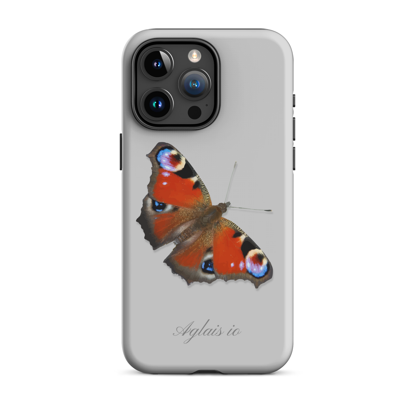 Graue iPhone-Hülle mit Tagpfauenauge-Muster, Seitenansicht, schützende Silikonhülle