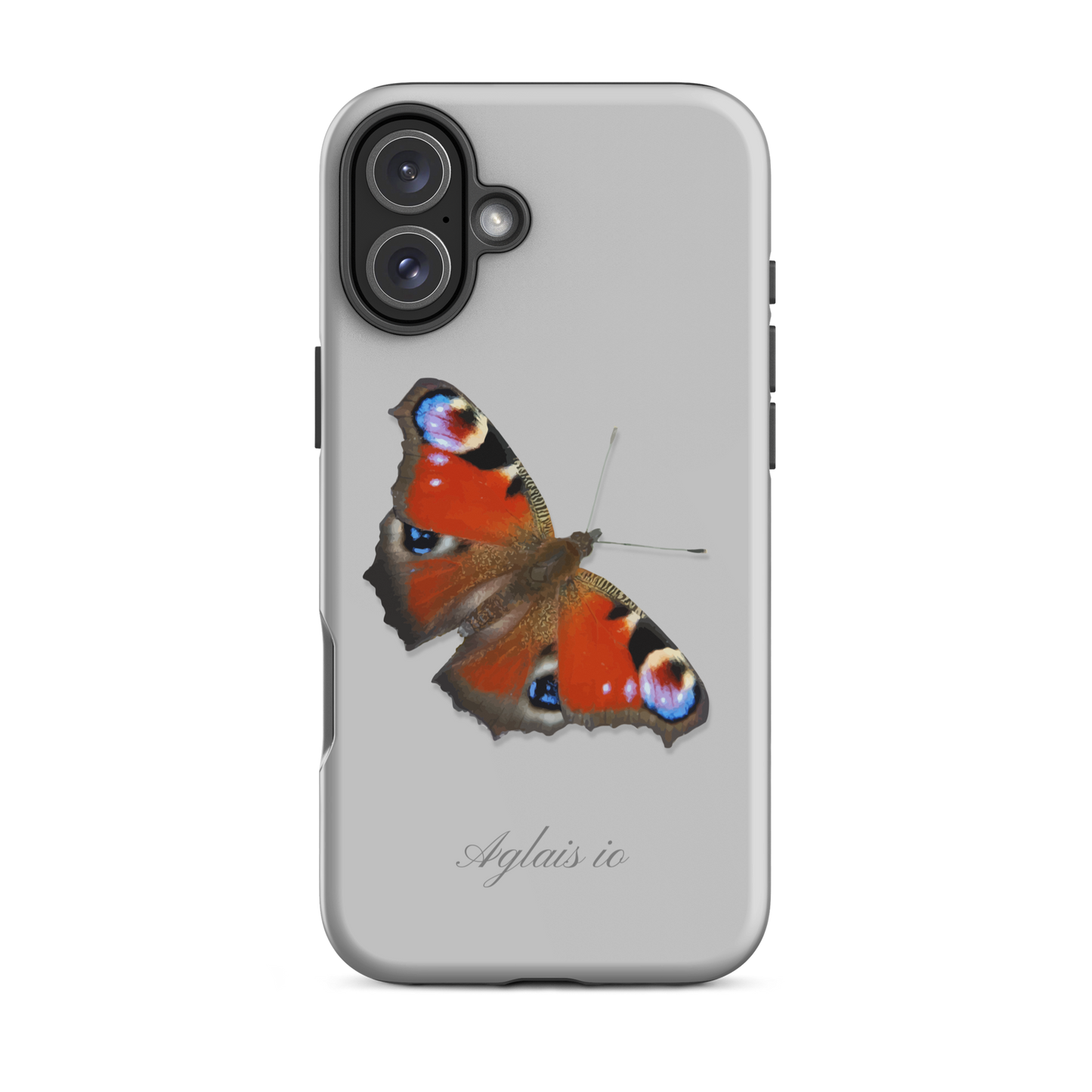 iPhone Case Tagpfauenauge in Grau mit Schmetterlingsmuster auf der Rückseite