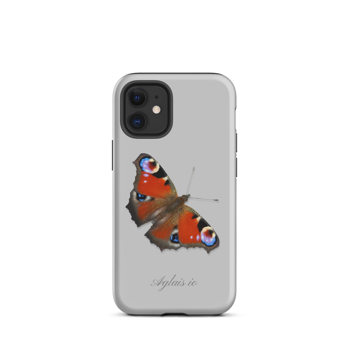 Graue iPhone Hülle mit Tagpfauenauge-Muster, schützende Silikonhülle für iPhone.