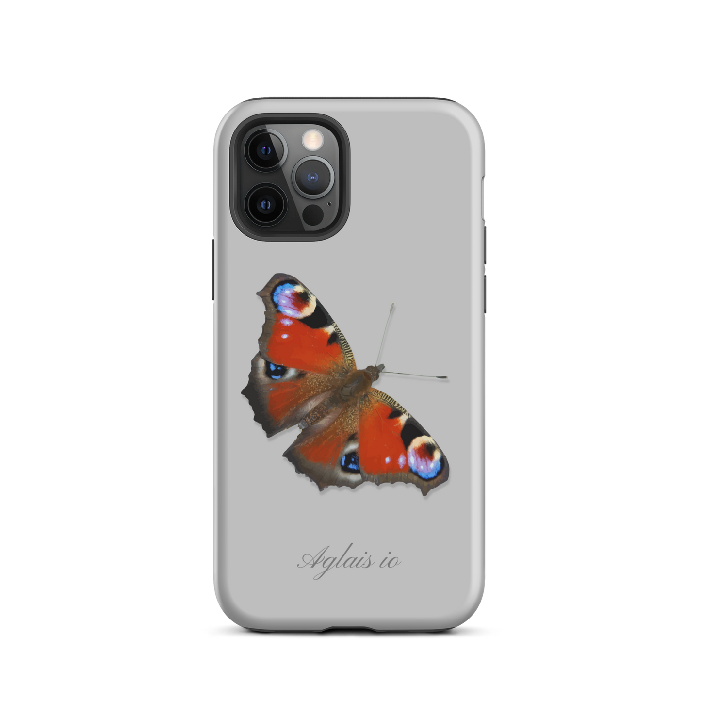 Graue iPhone-Hülle mit Tagpfauenauge-Muster in Schutzhülle für iPhone 12/13