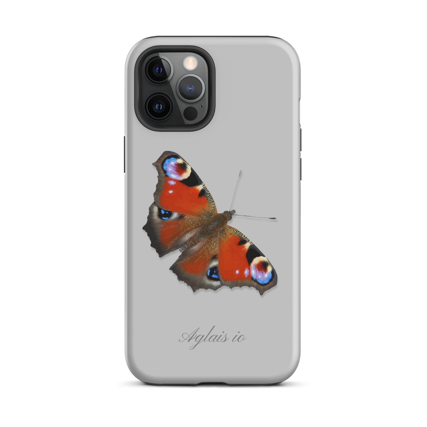 iPhone Case Tagpfauenauge in Grau mit Schmetterlingsmuster auf der Rückseite