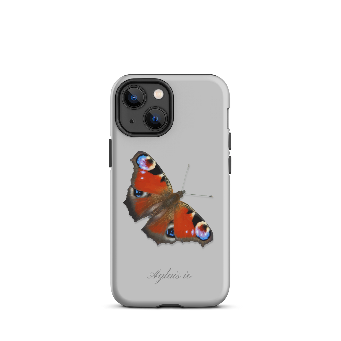 iPhone Case mit Tagpfauenauge Muster in Grau auf weißem Hintergrund