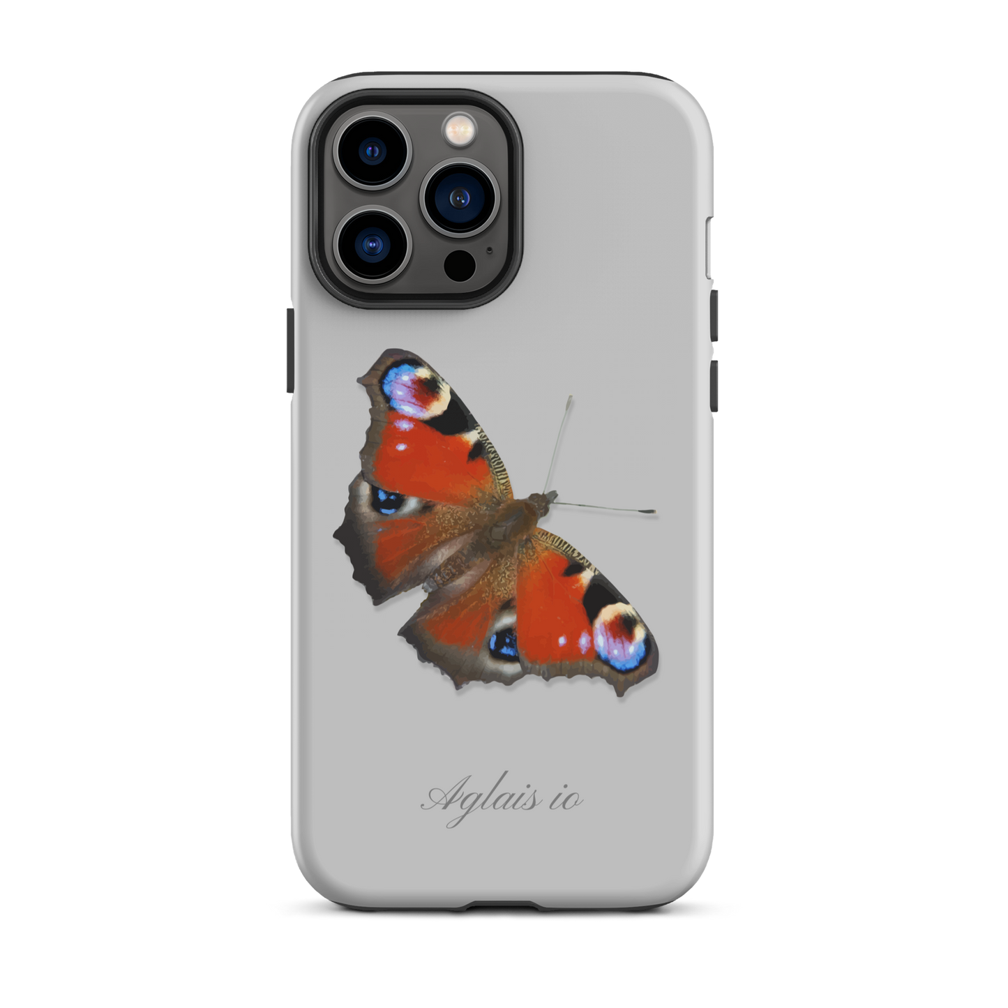 Handyhülle für iPhone mit Tagpfauenauge-Muster in Grau, Schutzhülle mit Naturmotiv.