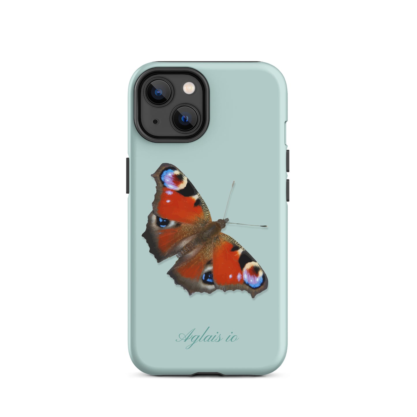 iPhone Handyhülle mit Tagpfauenauge Motiv in Hellblau, Seitenansicht