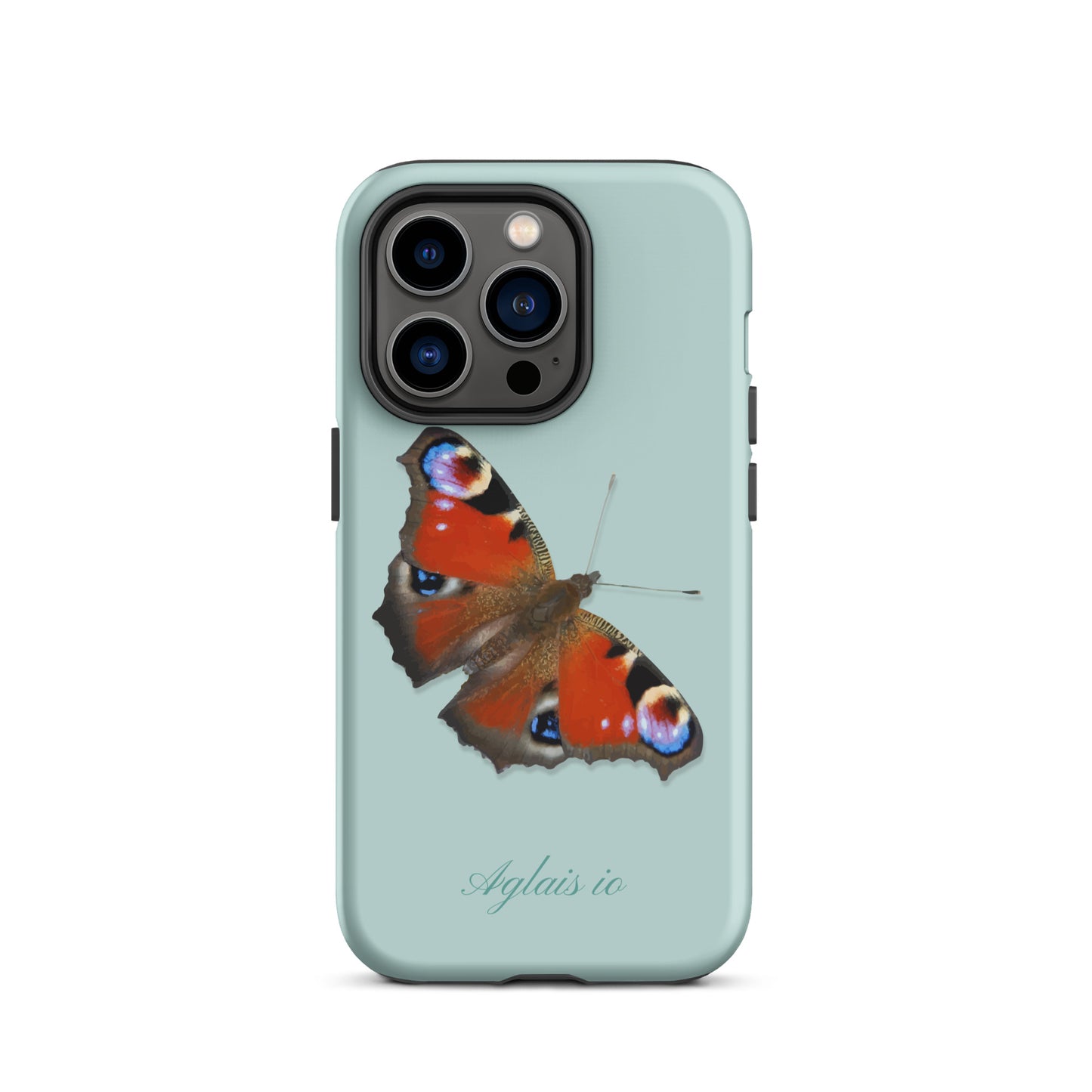 iPhone Handyhülle mit Tagpfauenauge-Design in Hellblau, Mockup-Ansicht