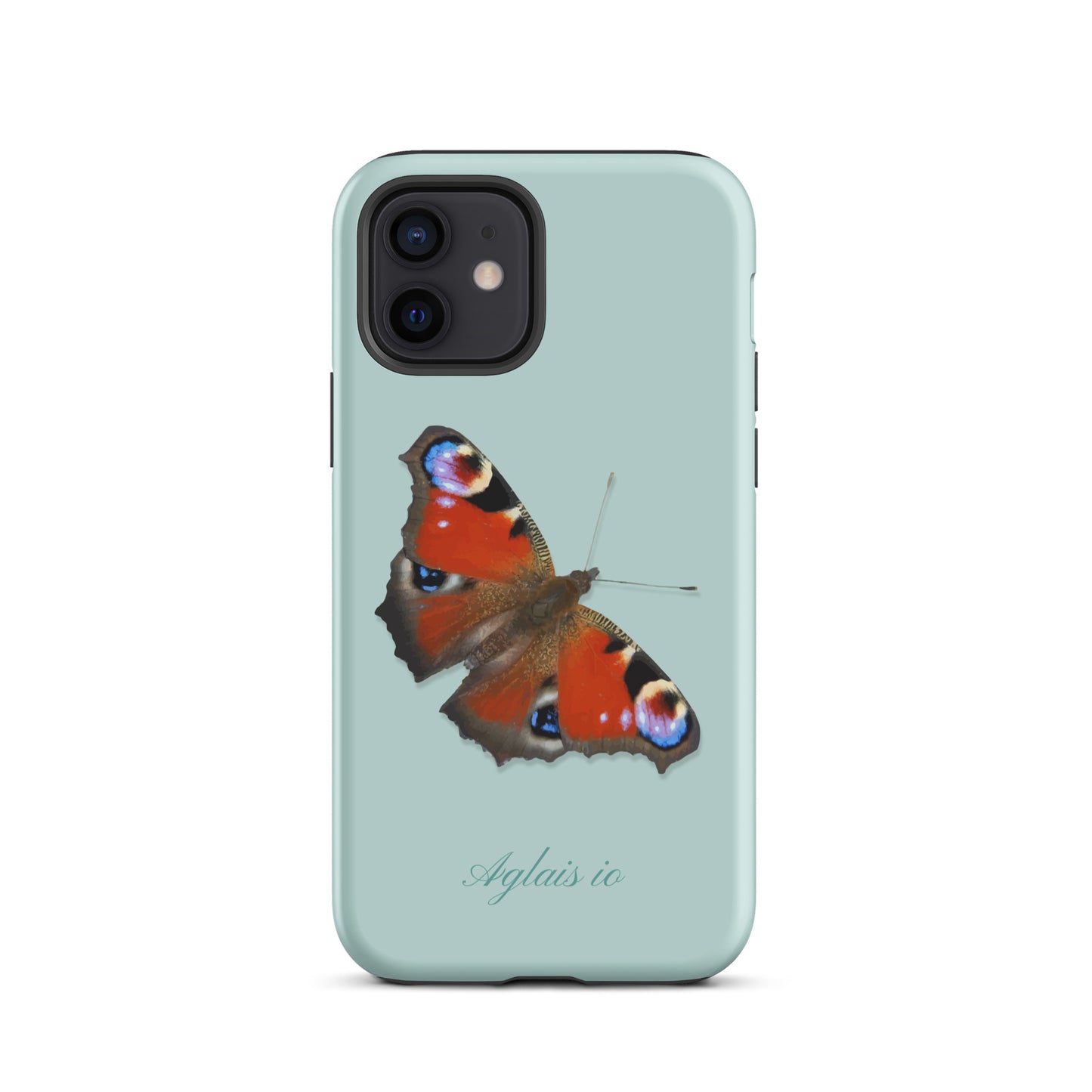 iPhone Handyhülle mit Tagpfauenauge-Design in Hellblau, Seitenansicht