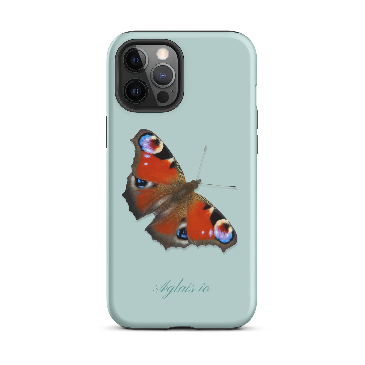 iPhone Case mit Tagpfauenauge-Muster in Hellblau, Seitenansicht