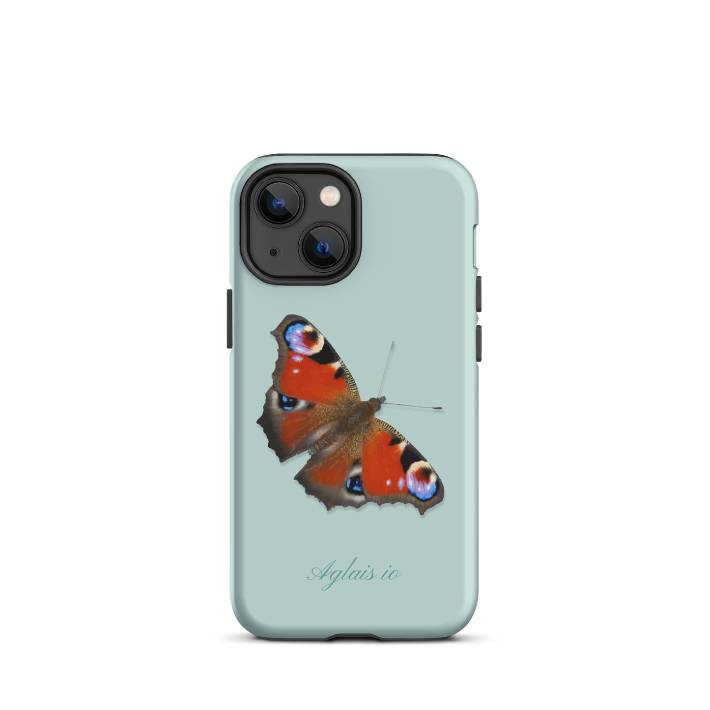 iPhone Case mit Tagpfauenauge-Muster in Hellblau, seitliche Ansicht.